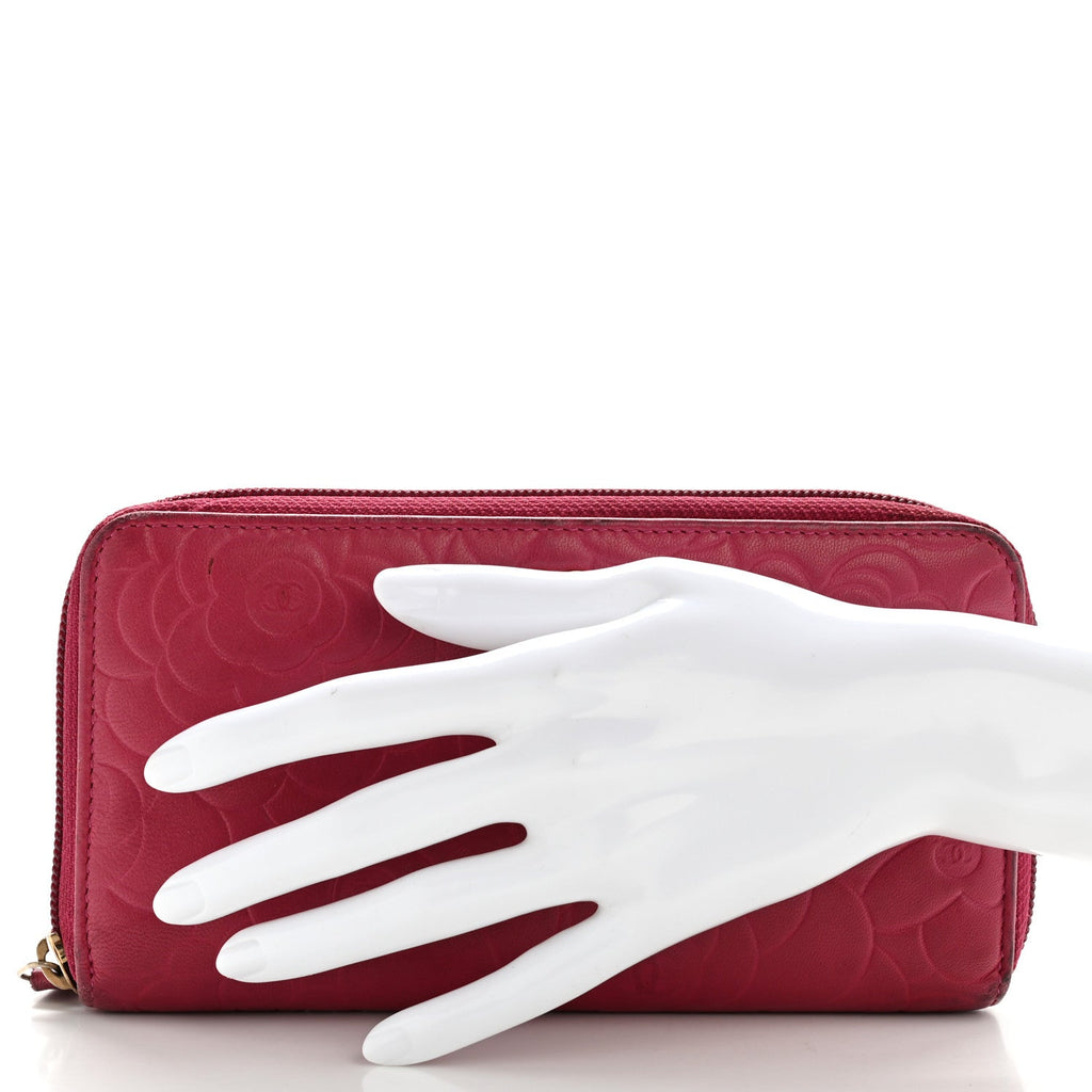 Lambskin Camellia Embossed Large Gusset Zip Around Wallet Fuchsia