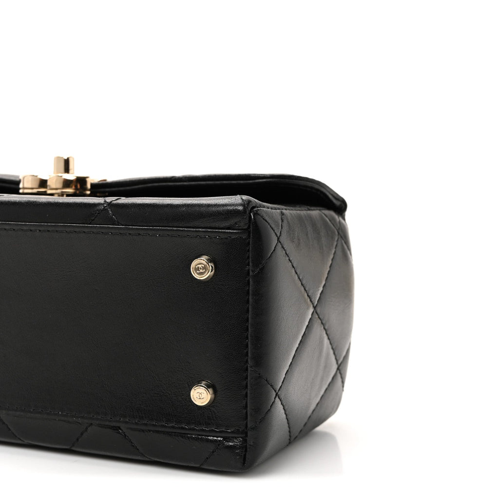 Shiny Calfskin Quilted Top Handle Box Bag Black