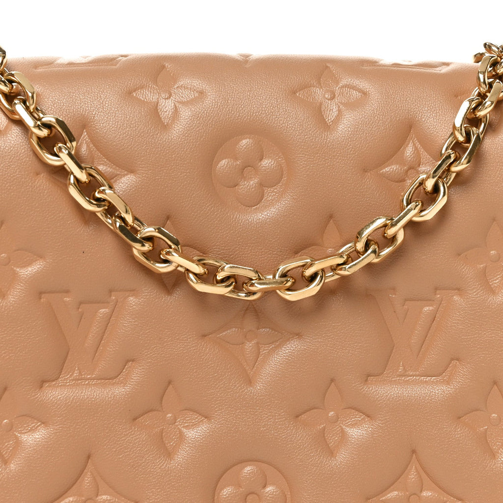 Lambskin Embossed Monogram Pochette Coussin Camel