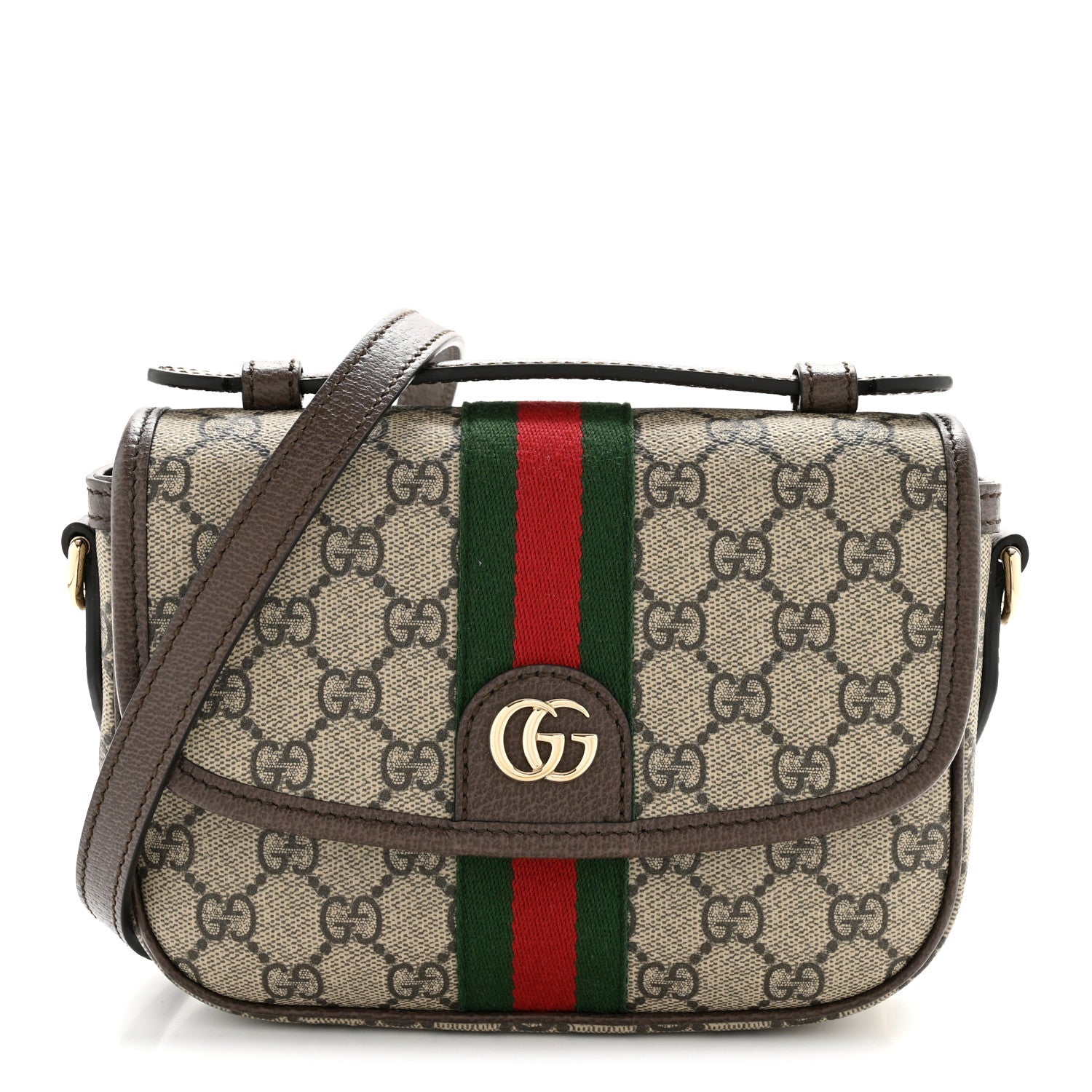 GG Supreme Monogram Textured Dollar Calfskin Small Ophidia Top Handle Shoulder Bag Beige Brown