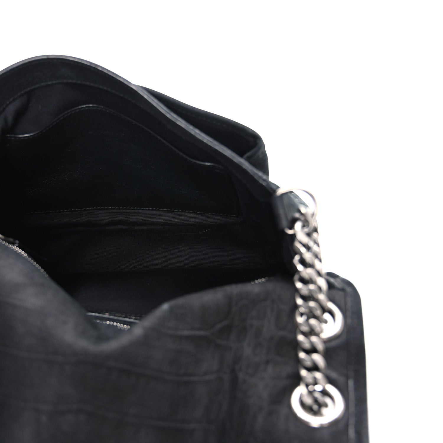 Nubuck Crocodile Embossed Monogram Medium Niki Chain Satchel Black