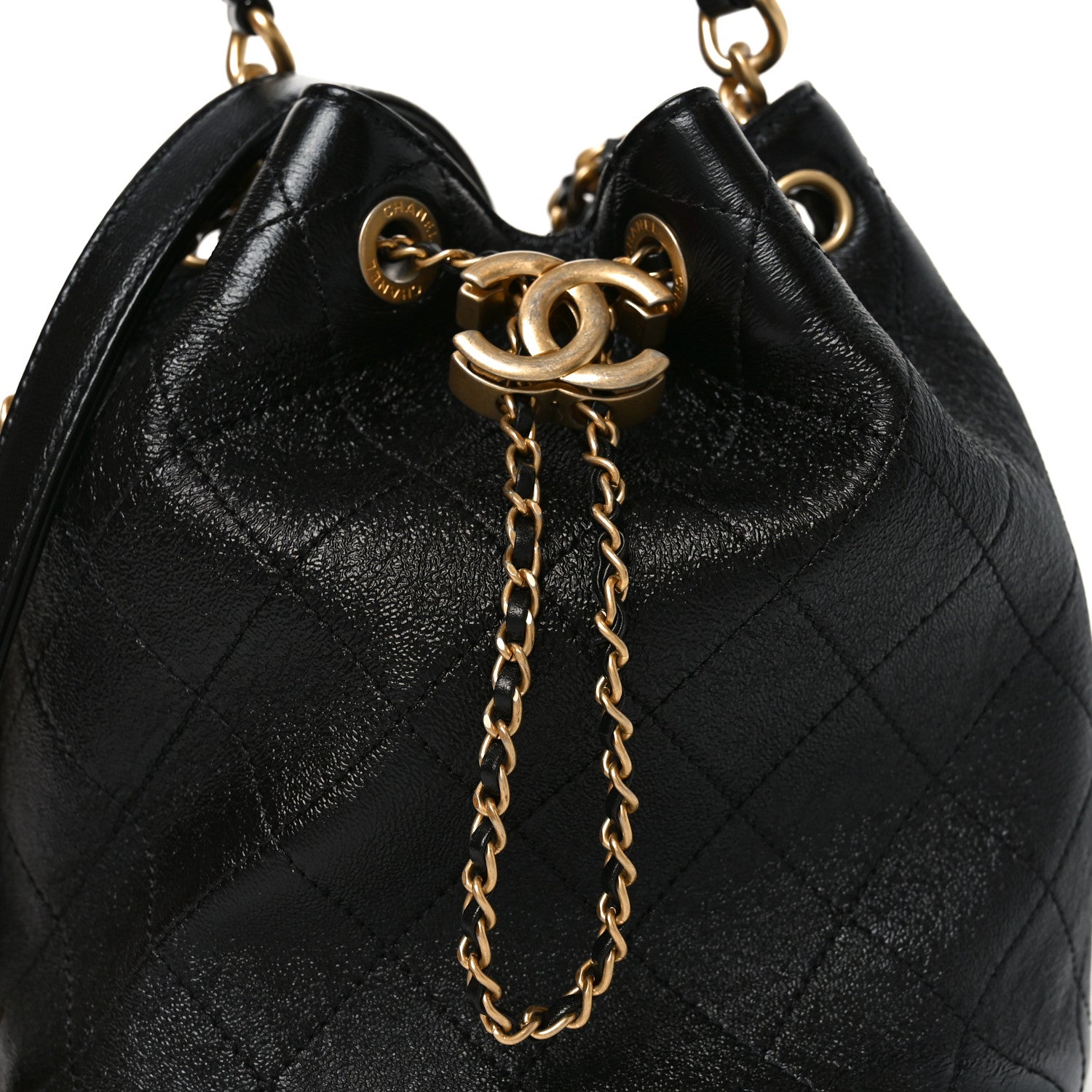 Shiny Lambskin Quilted Fashion Therapy Bucket Drawstring Bag Black