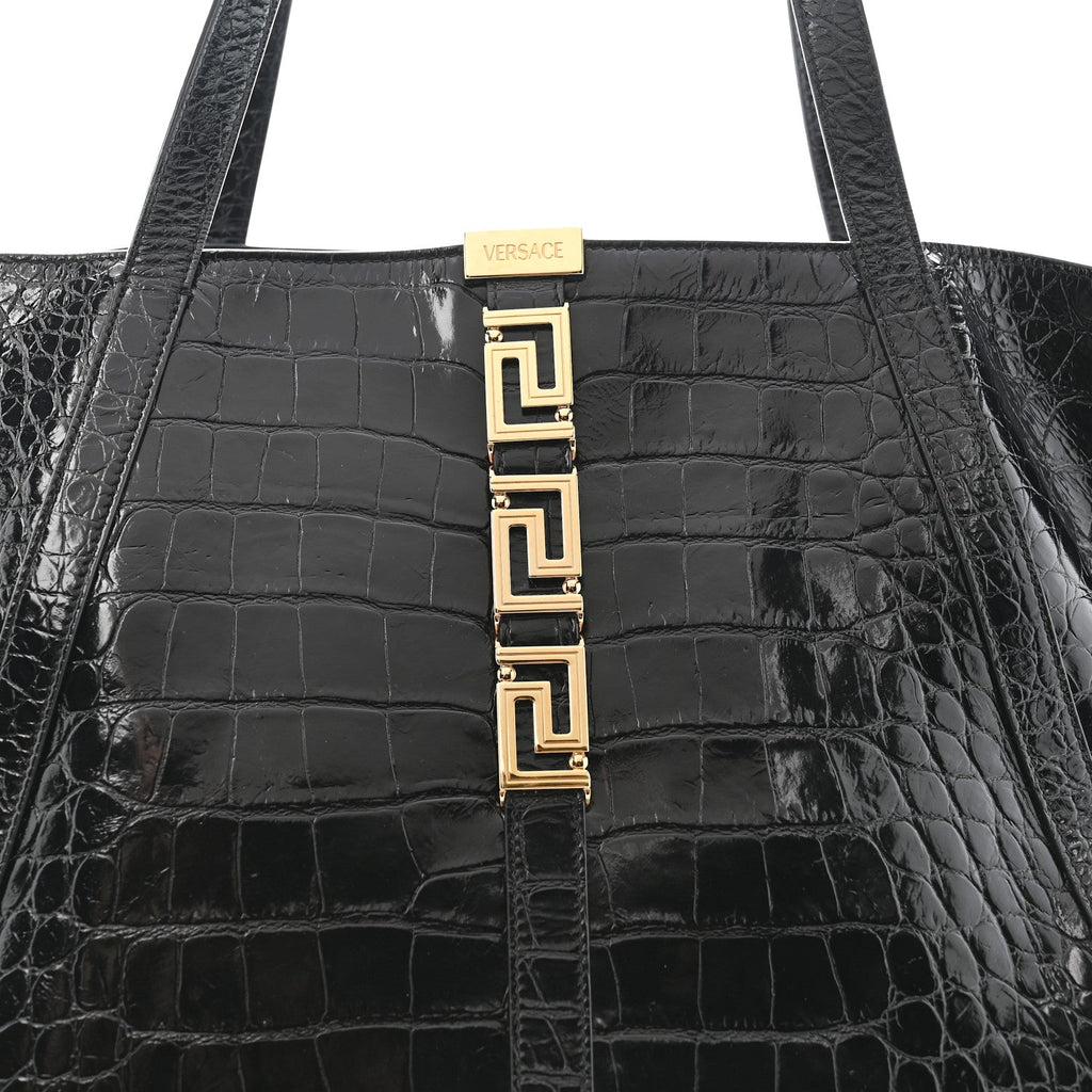 Calfskin Crocodile Embossed Greca Goddess Tote Bag Black