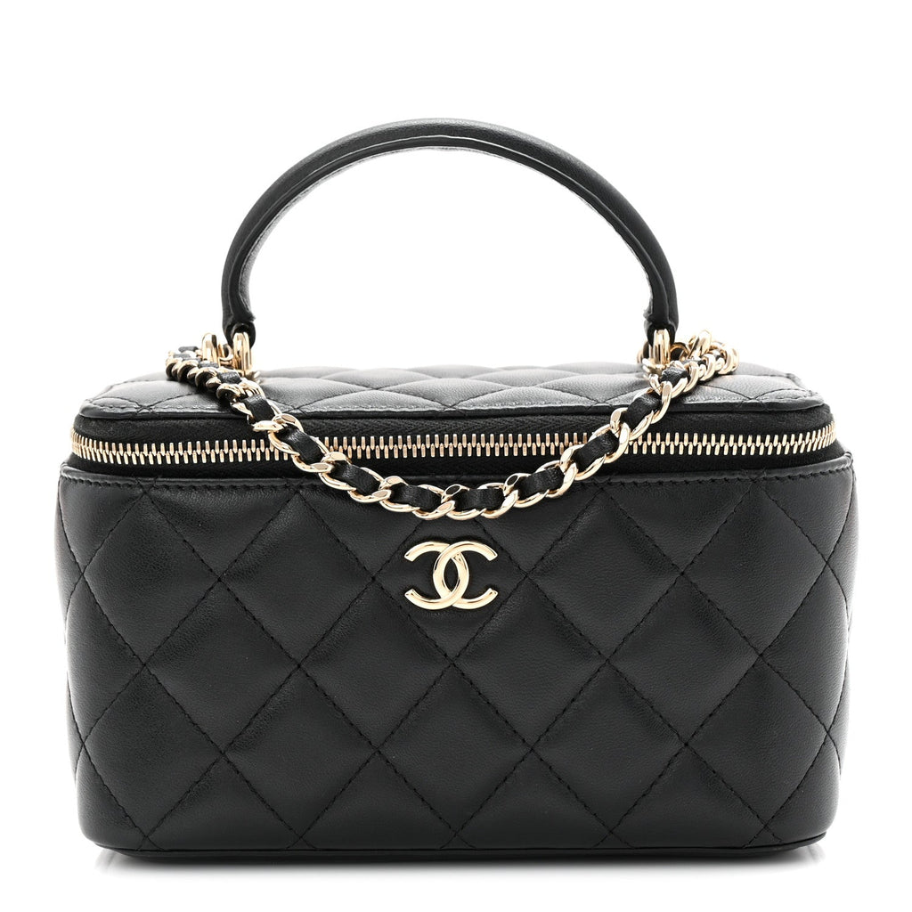 Lambskin Quilted Small Top Handle Vanity Case With Chain Black