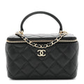Lambskin Quilted Small Top Handle Vanity Case With Chain Black