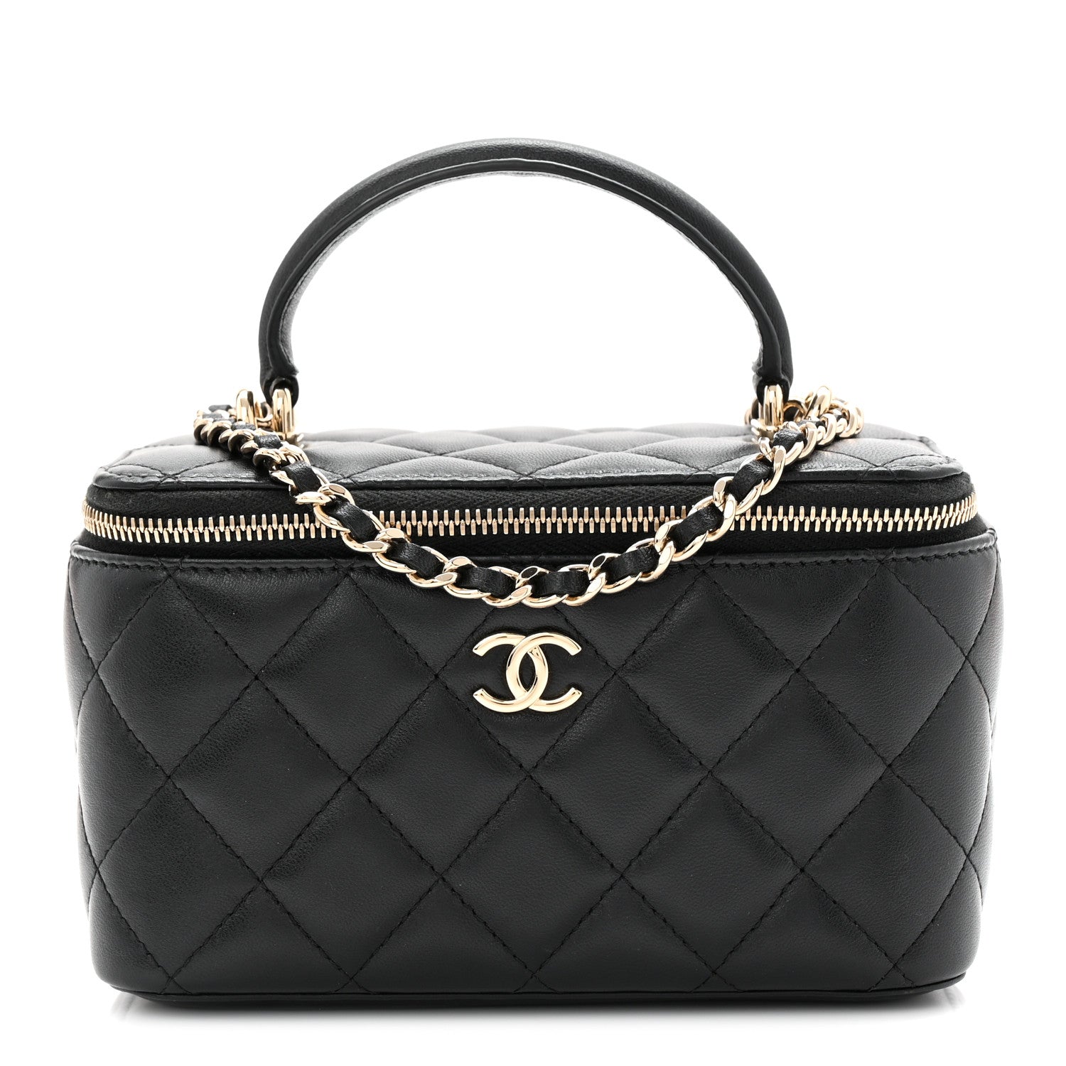 Lambskin Quilted Small Top Handle Vanity Case With Chain Black