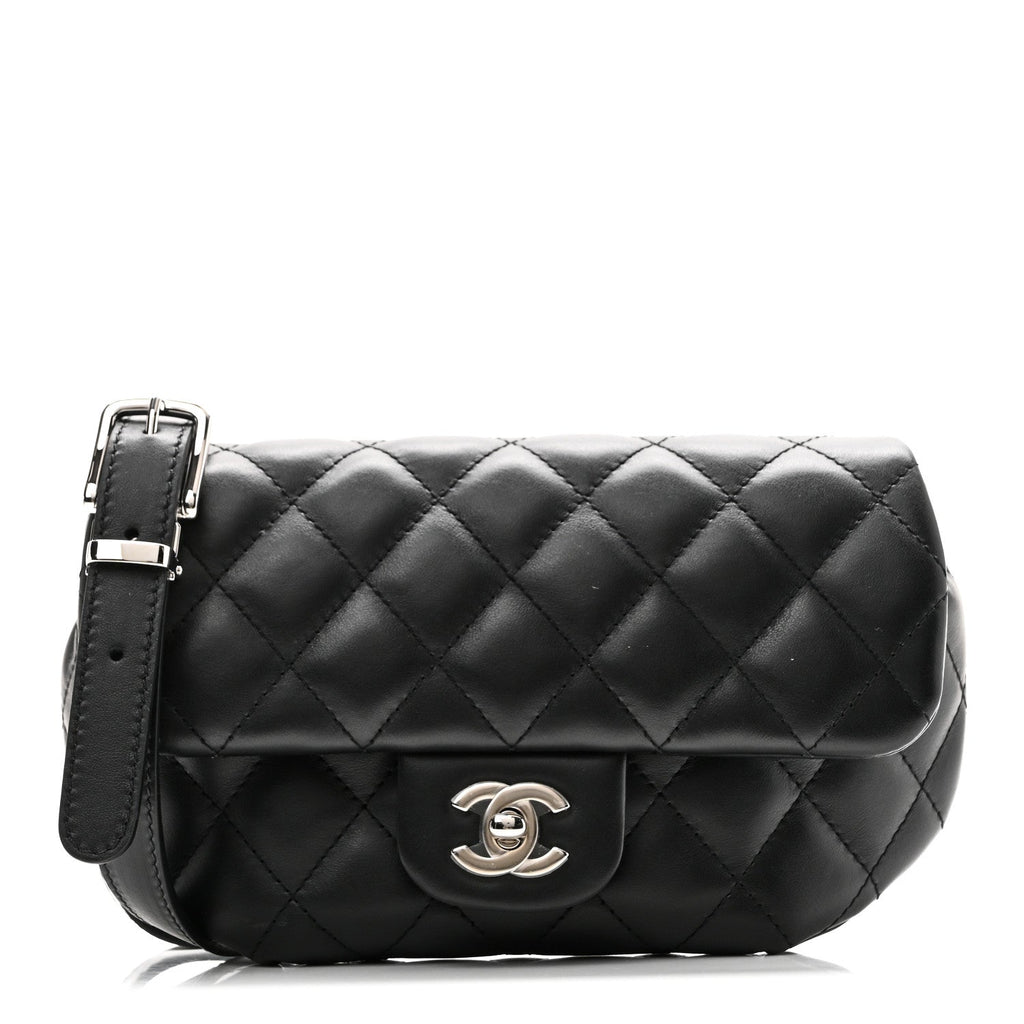 Calfskin Quilted CC Uniform Flap Belt Bag Black