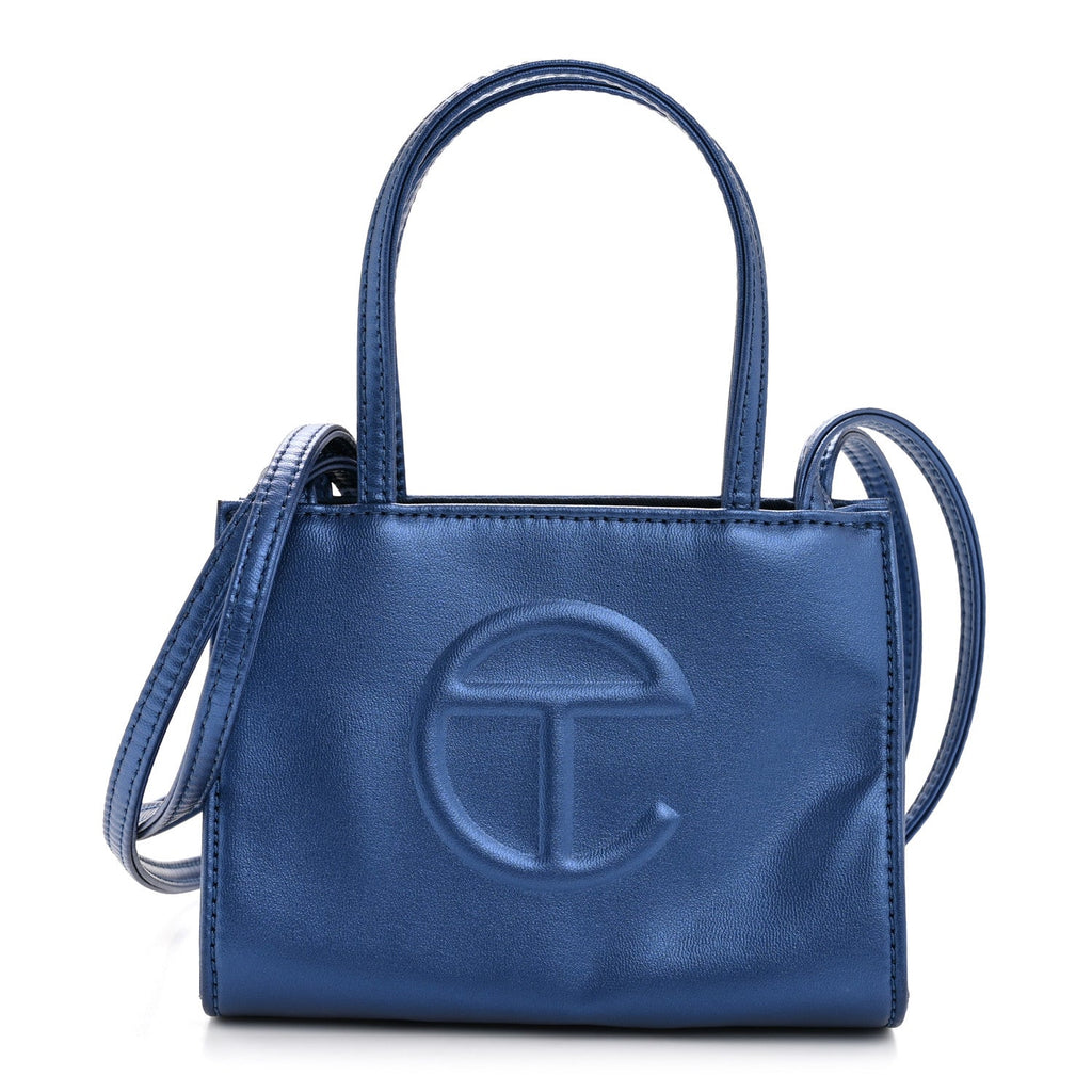 Metallic Vegan Leather Small Shopping Bag Cobalt