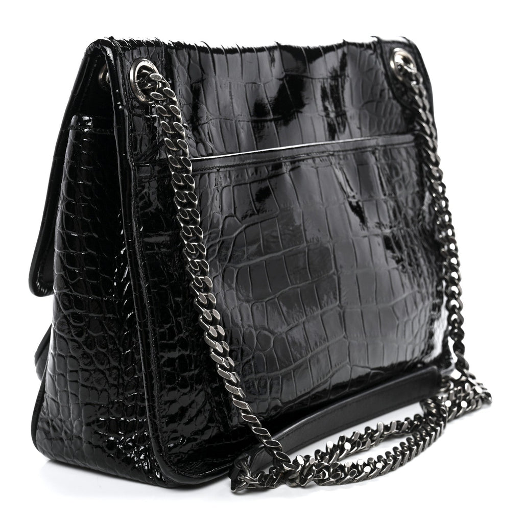 Patent Crocodile Embossed Lambskin Monogram Medium Niki Chain Satchel Black