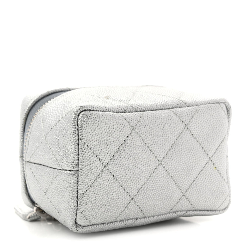 Metallic Caviar Quilted Mini Top Handle Vanity With Chain Silver