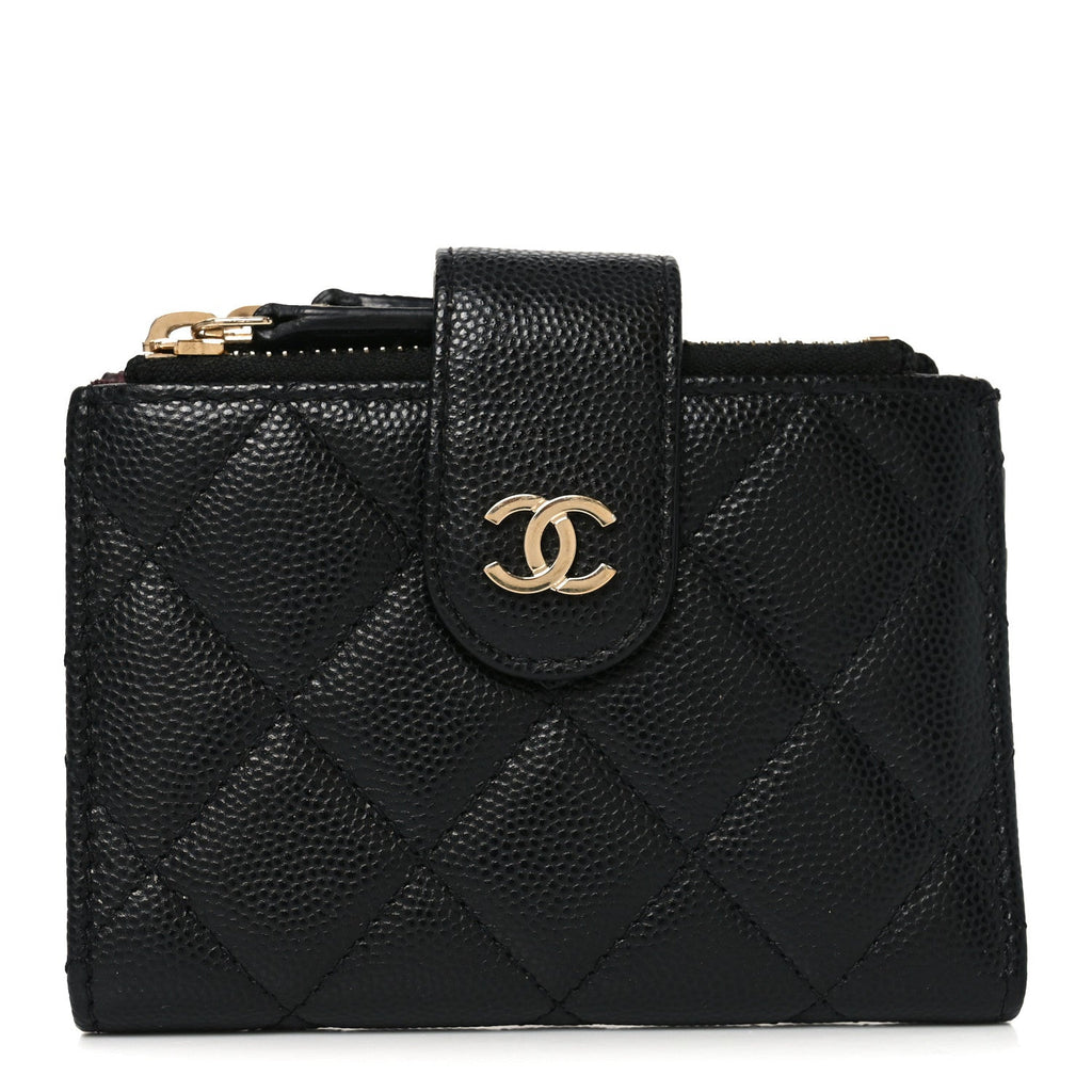 Caviar Quilted Compact Zipped Pocket Wallet Black