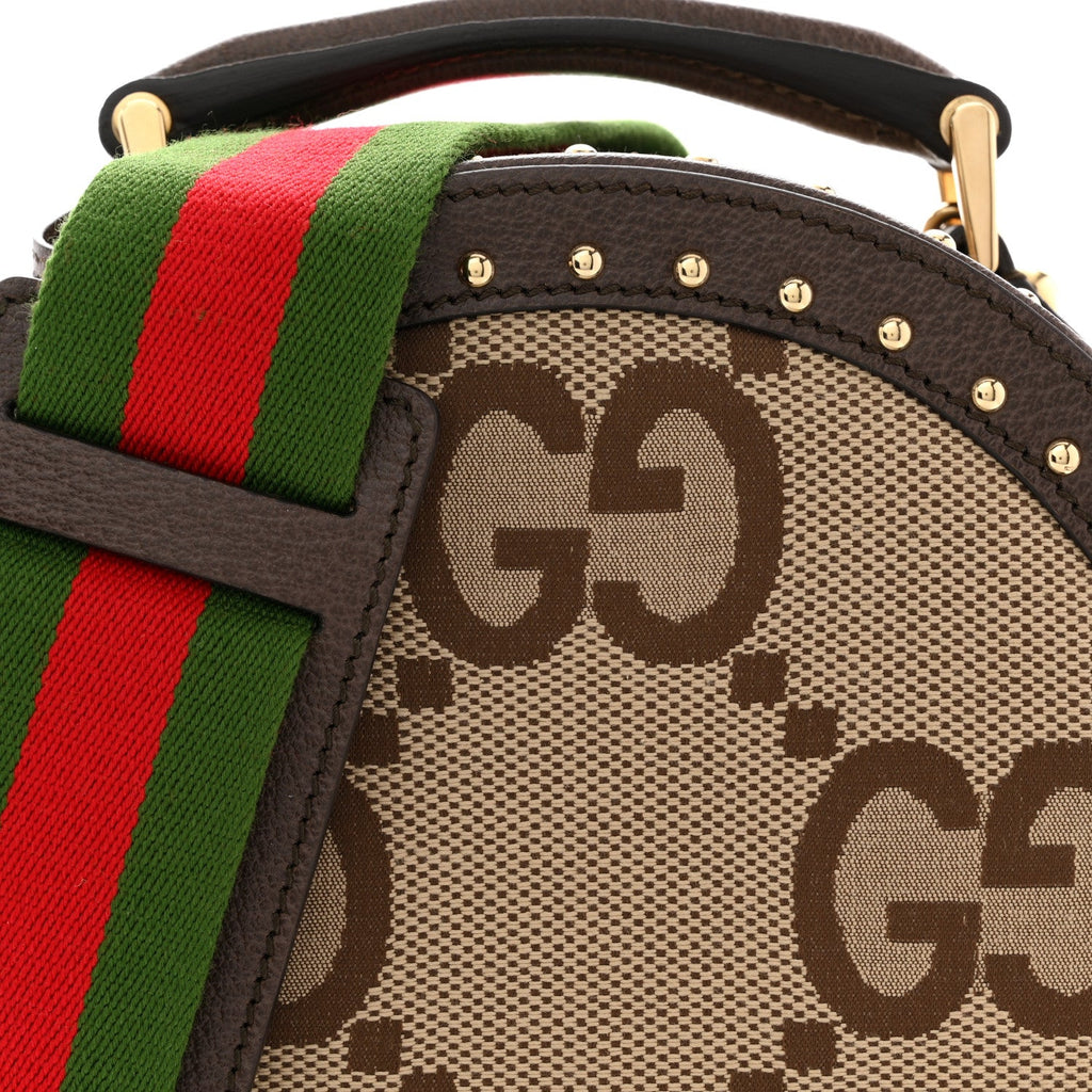 Monogram Jumbo GG Textured Dollar Calfskin Web Mini Savoy Hat Box Camel Ebony New Acero