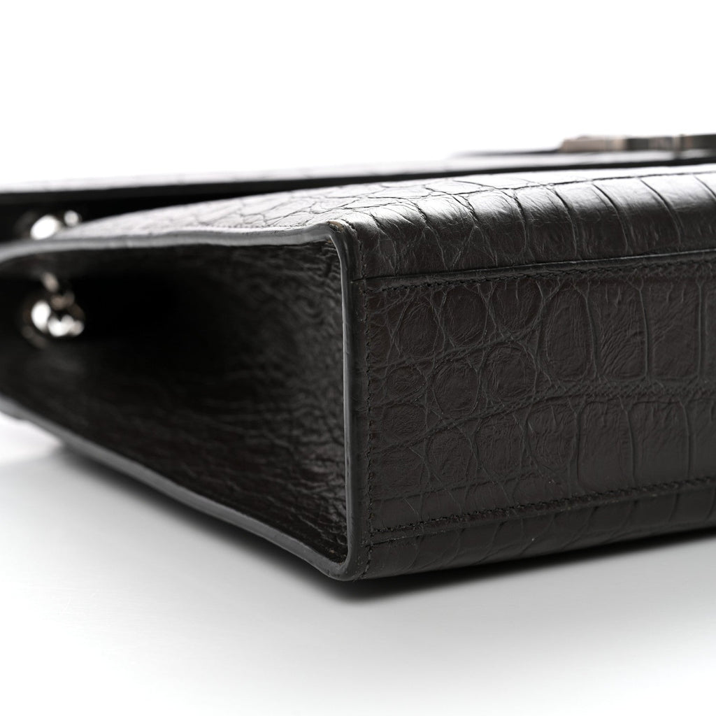 Calfskin Crocodile Embossed Large Monogram Satchel Dark Brown