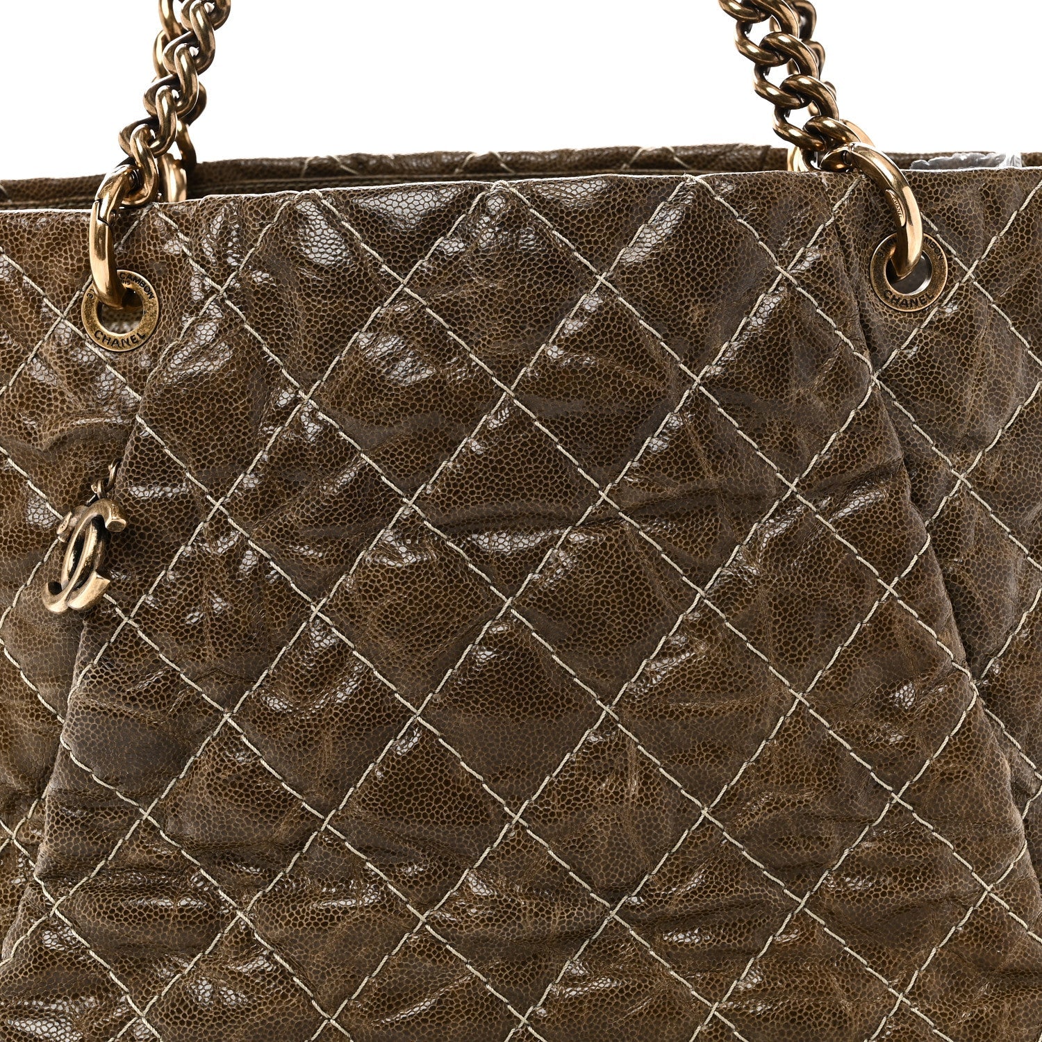 Crumpled Grained Calfskin Large Coco Pleats Tote Khaki