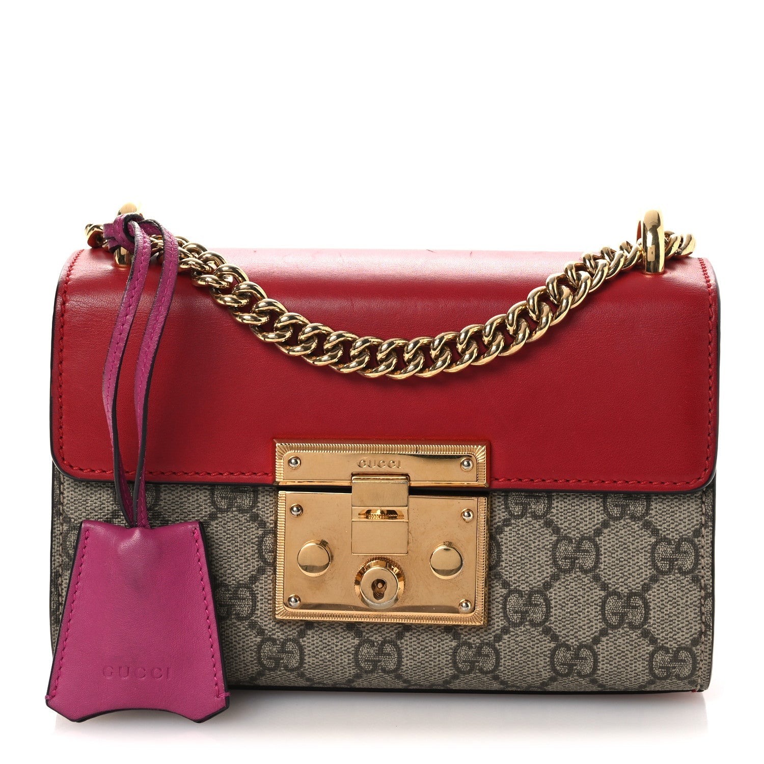 GG Supreme Monogram Calfskin Small Padlock Shoulder Bag Beige Hibiscus Red New Rosette