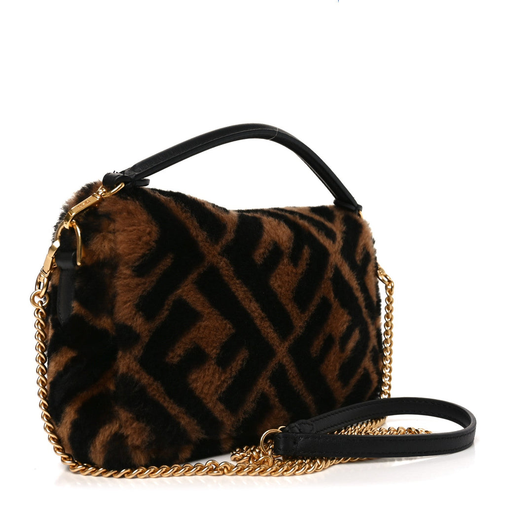Shearling Vitello Dolce Macro FF 1974 Mini Baguette Tobacco Black
