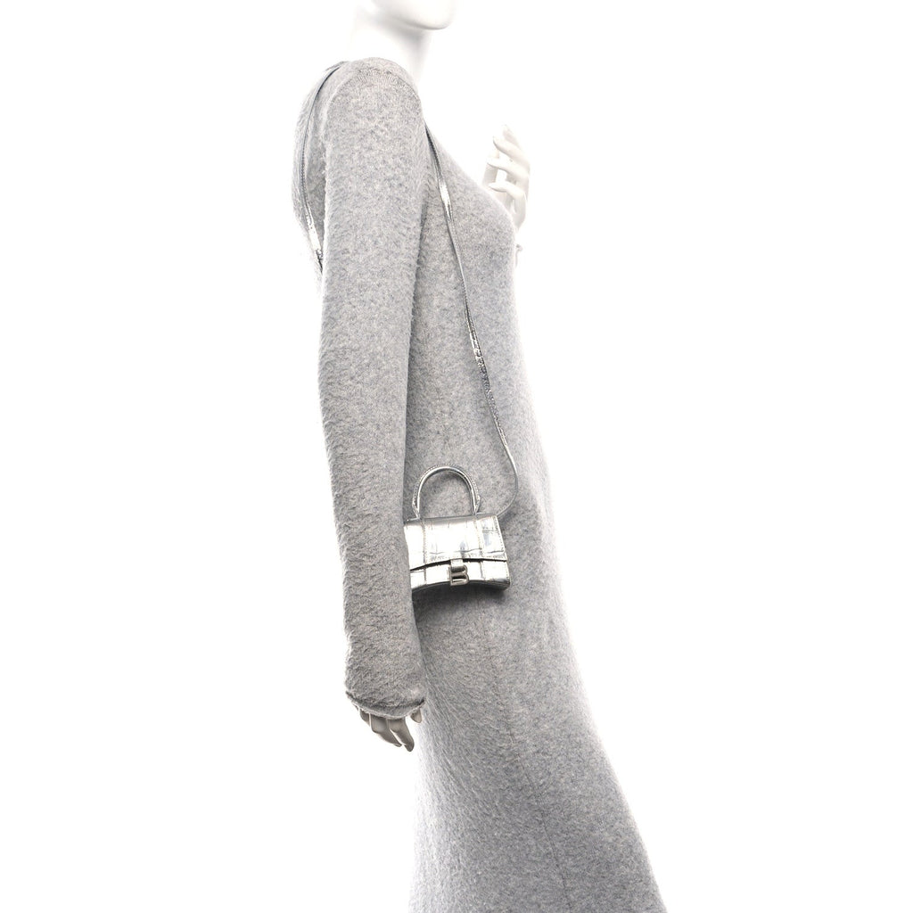 Metallic Calfskin Crocodile Embossed Hourglass Top Handle Bag Mini Silver
