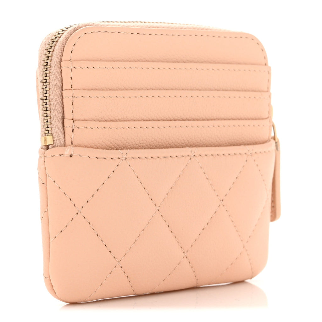 Caviar Quilted Zip  Holder Wallet Light Beige