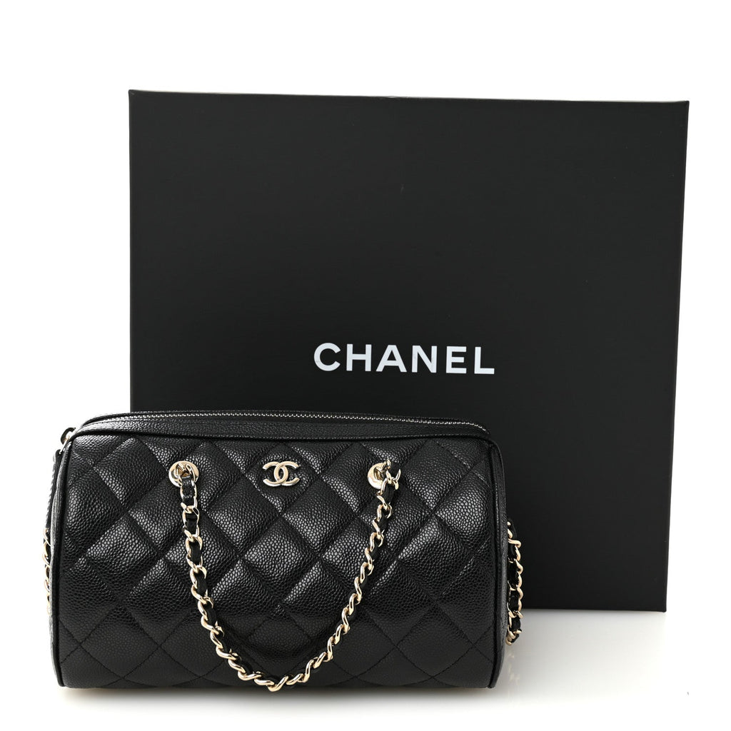 Caviar Quilted Barrel Clutch With Chain Black