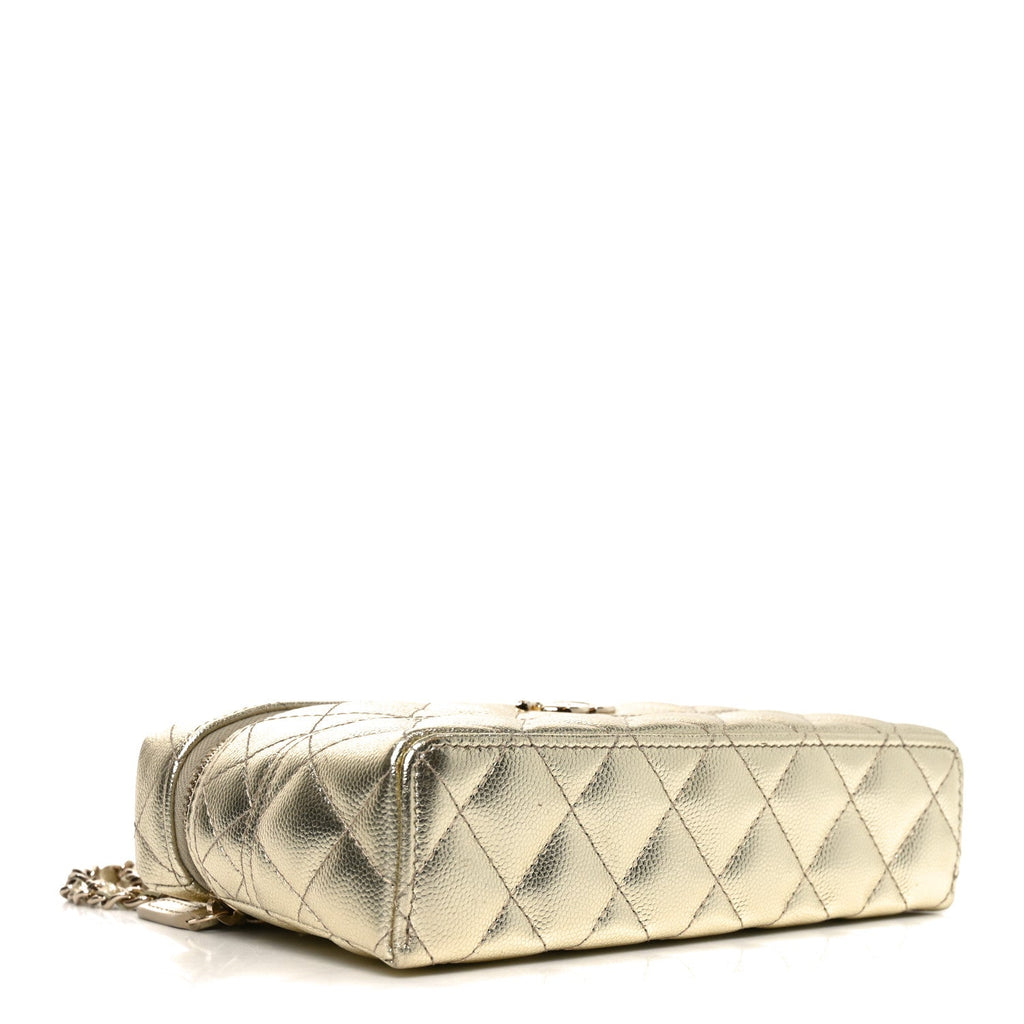 Metallic Caviar Quilted Trendy Handle Slim Vanity Light Golden