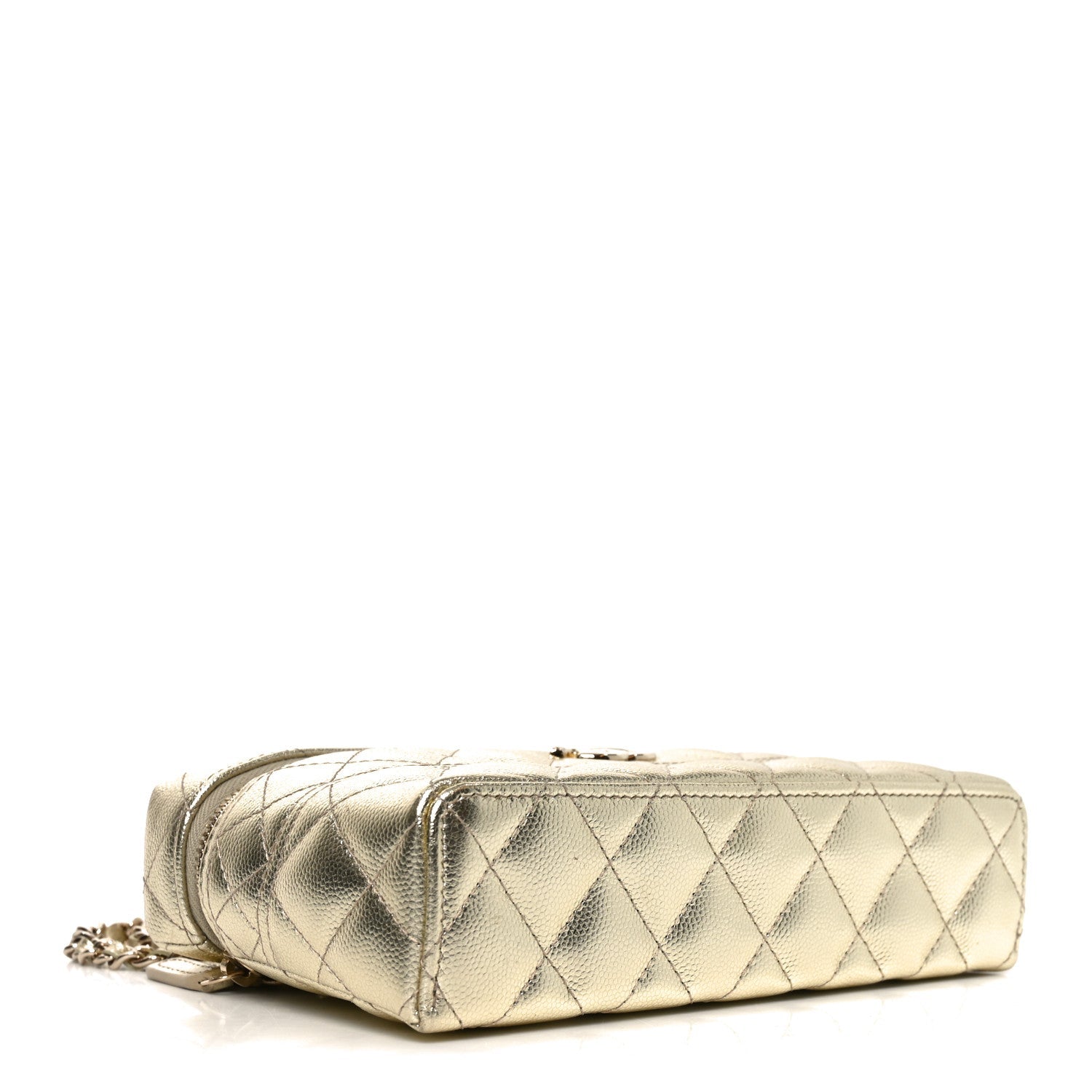 Metallic Caviar Quilted Trendy Handle Slim Vanity Light Golden