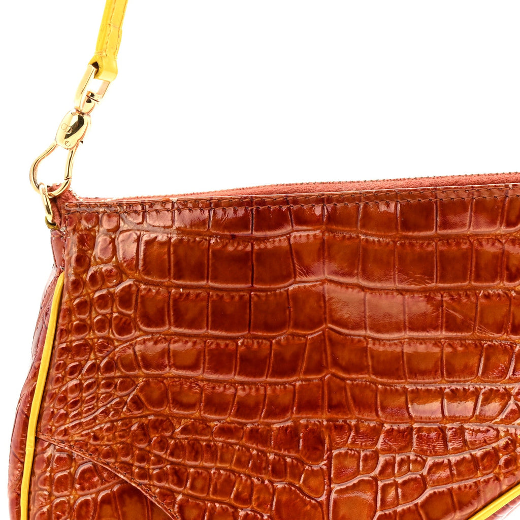 Patent Calfskin Crocodile Embossed Mini Saddle Pochette Orange