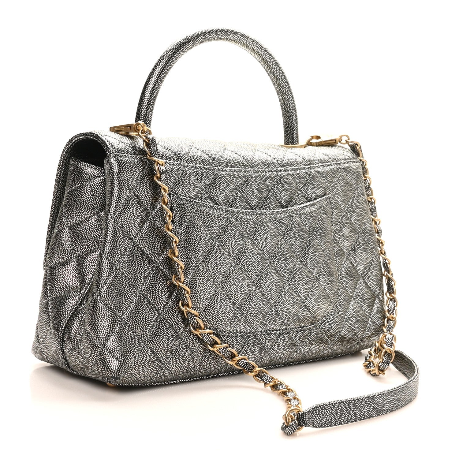 Metallic Caviar Quilted Small Coco Handle Flap Silver
