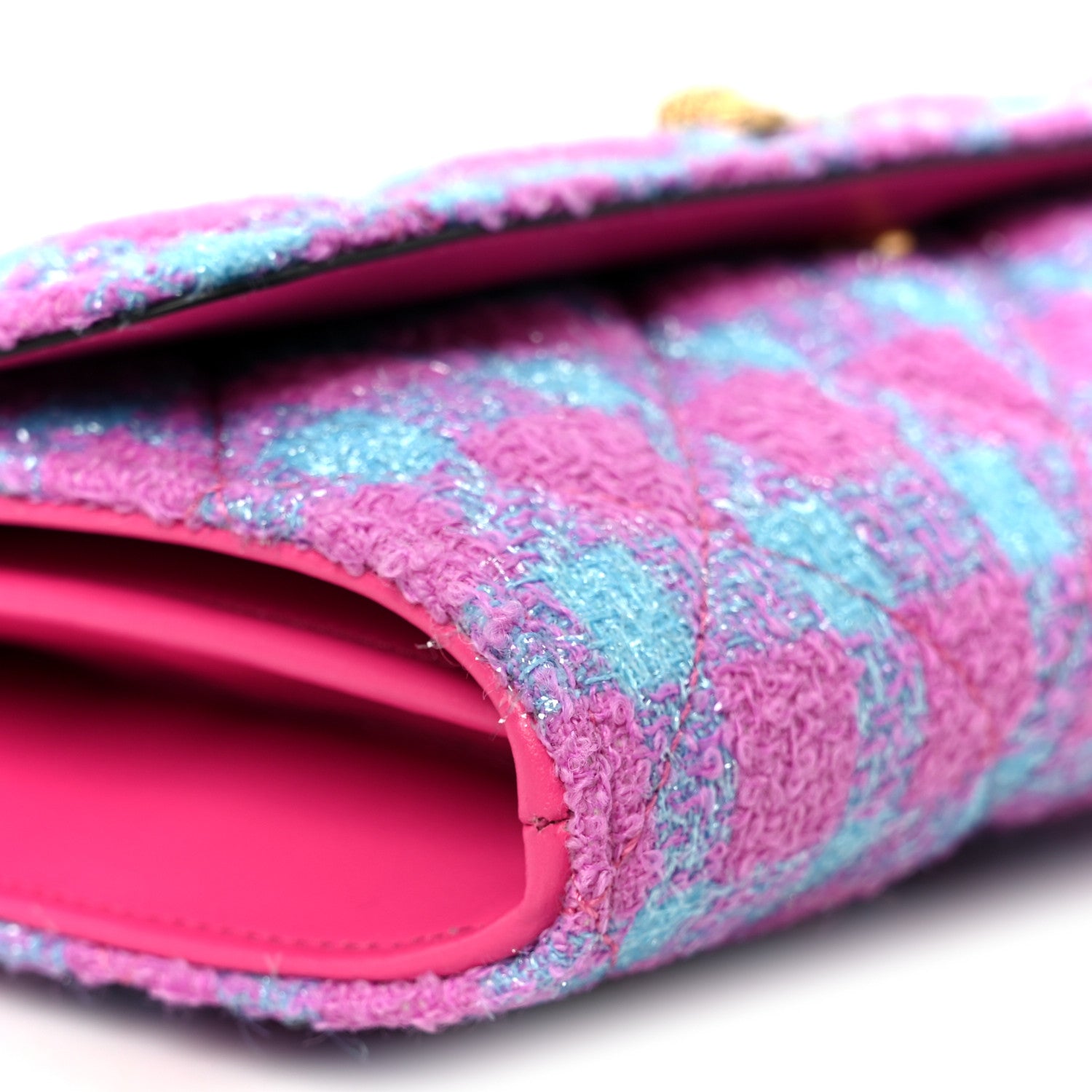 Tweed Quilted Medusa Wallet on Chain Crossbody Pink Blue