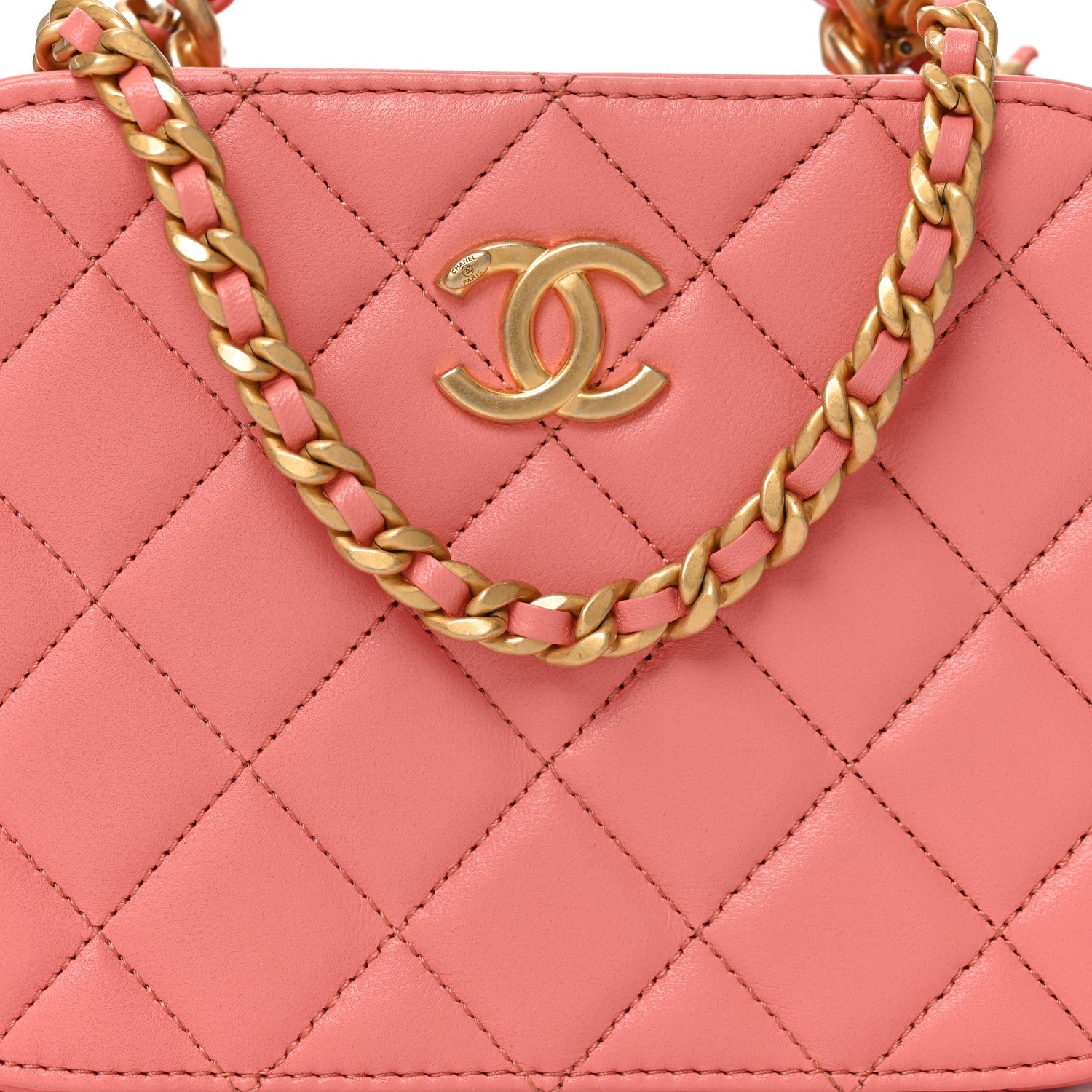 Lambskin Quilted Top Handle Small Vanity Case Pink