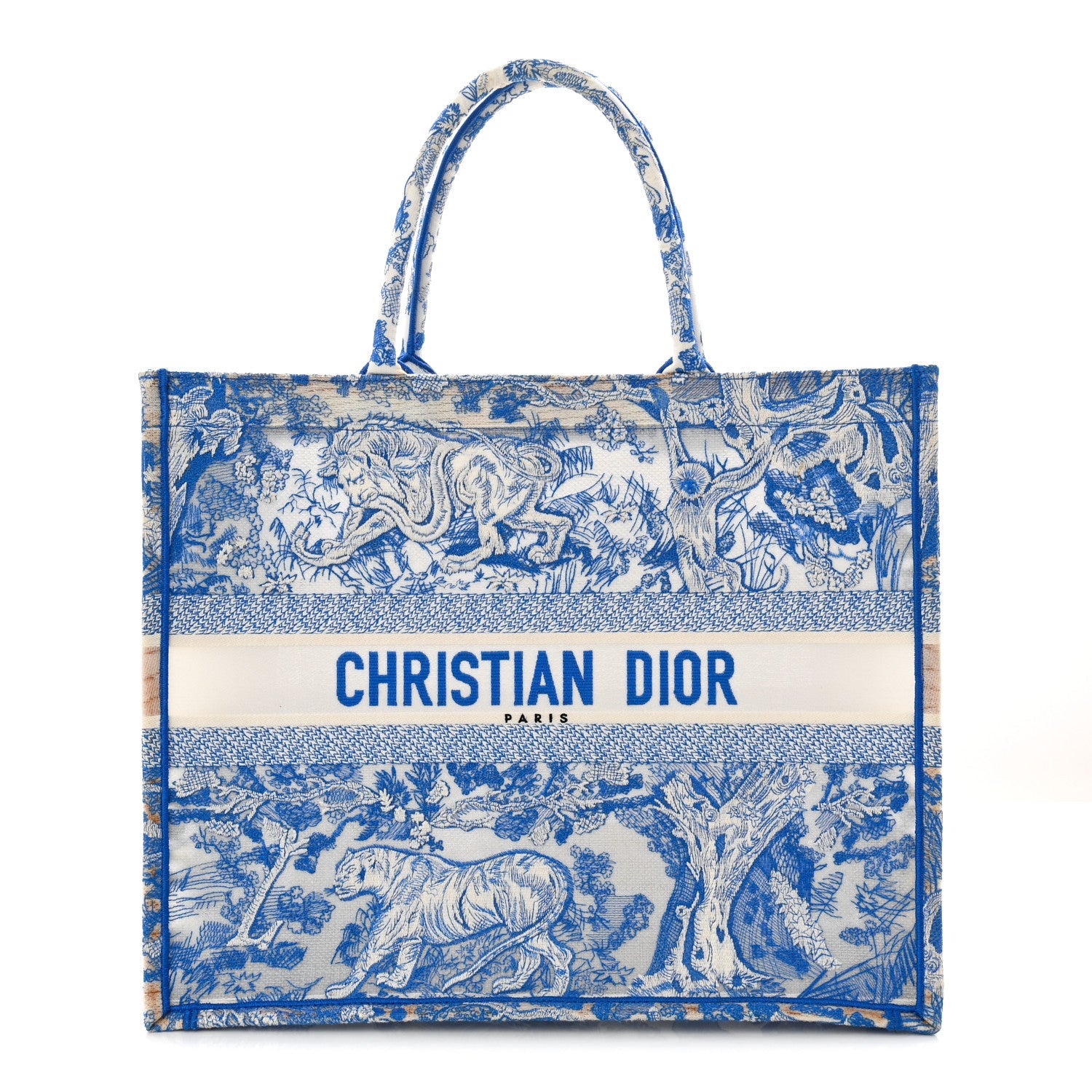 Transparent Canvas Embroidered Large Toile De Jouy Reverse Book Tote Fluorescent Blue