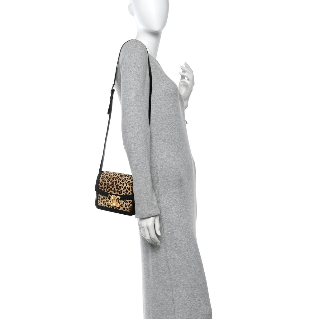 Velvet Calfskin Leopard Print Teen Triomphe Bag Brown Black
