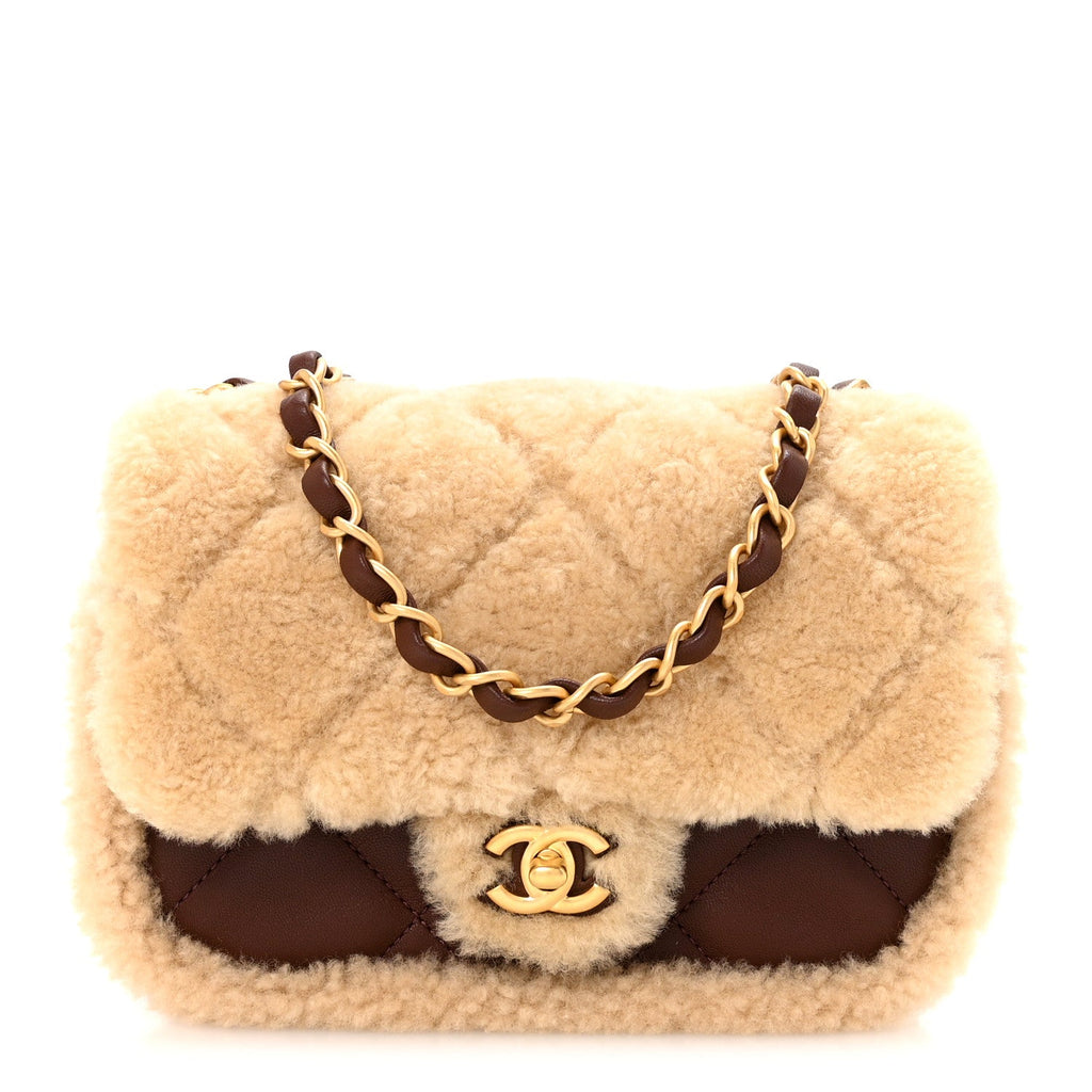 Shearling Lambskin Quilted Mini Furry Coco Flap Beige Dark Brown