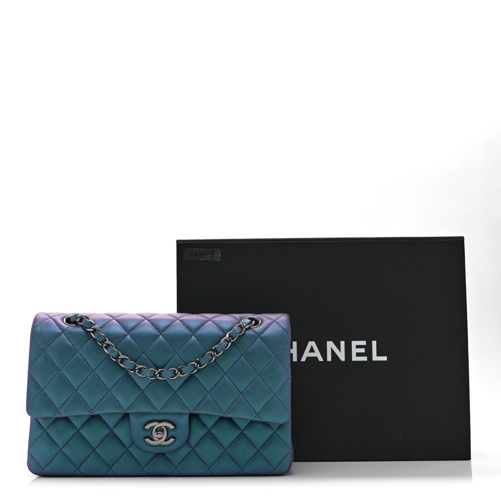 Iridescent Lambskin Quilted Medium Double Flap Turquoise
