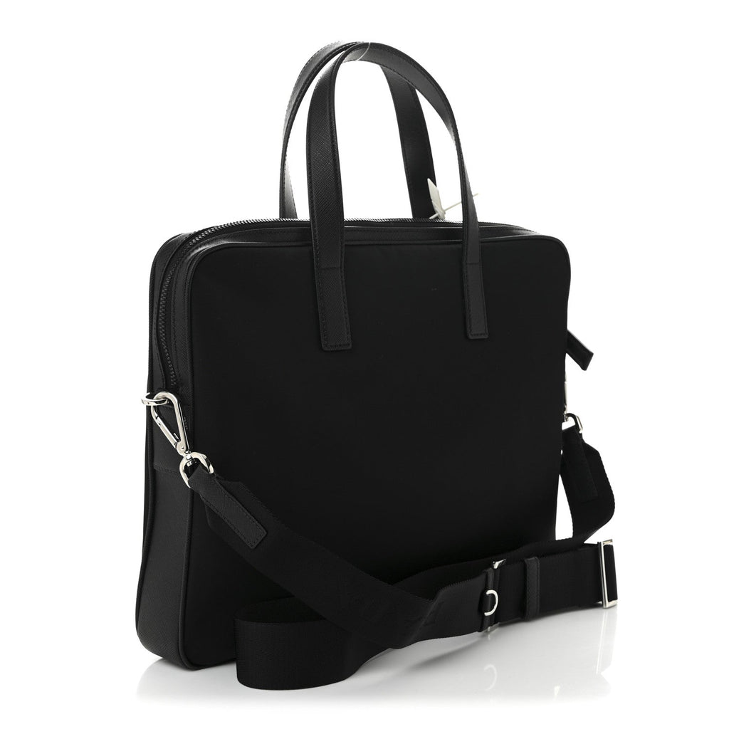 Re-Nylon Saffiano Metal Triangle Logo Briefcase Black