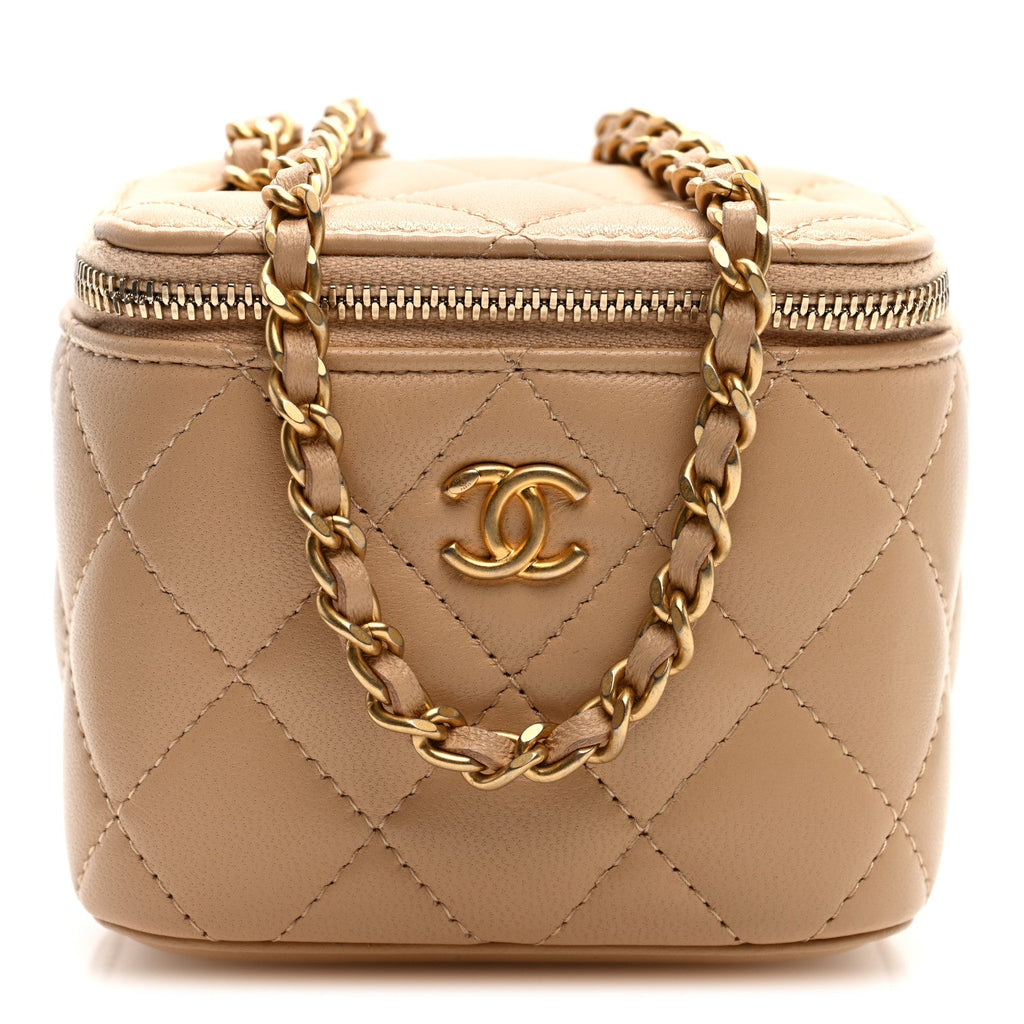 Lambskin Quilted Pearl Crush Mini Vanity Case With Chain Beige
