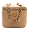 Lambskin Quilted Pearl Crush Mini Vanity Case With Chain Beige