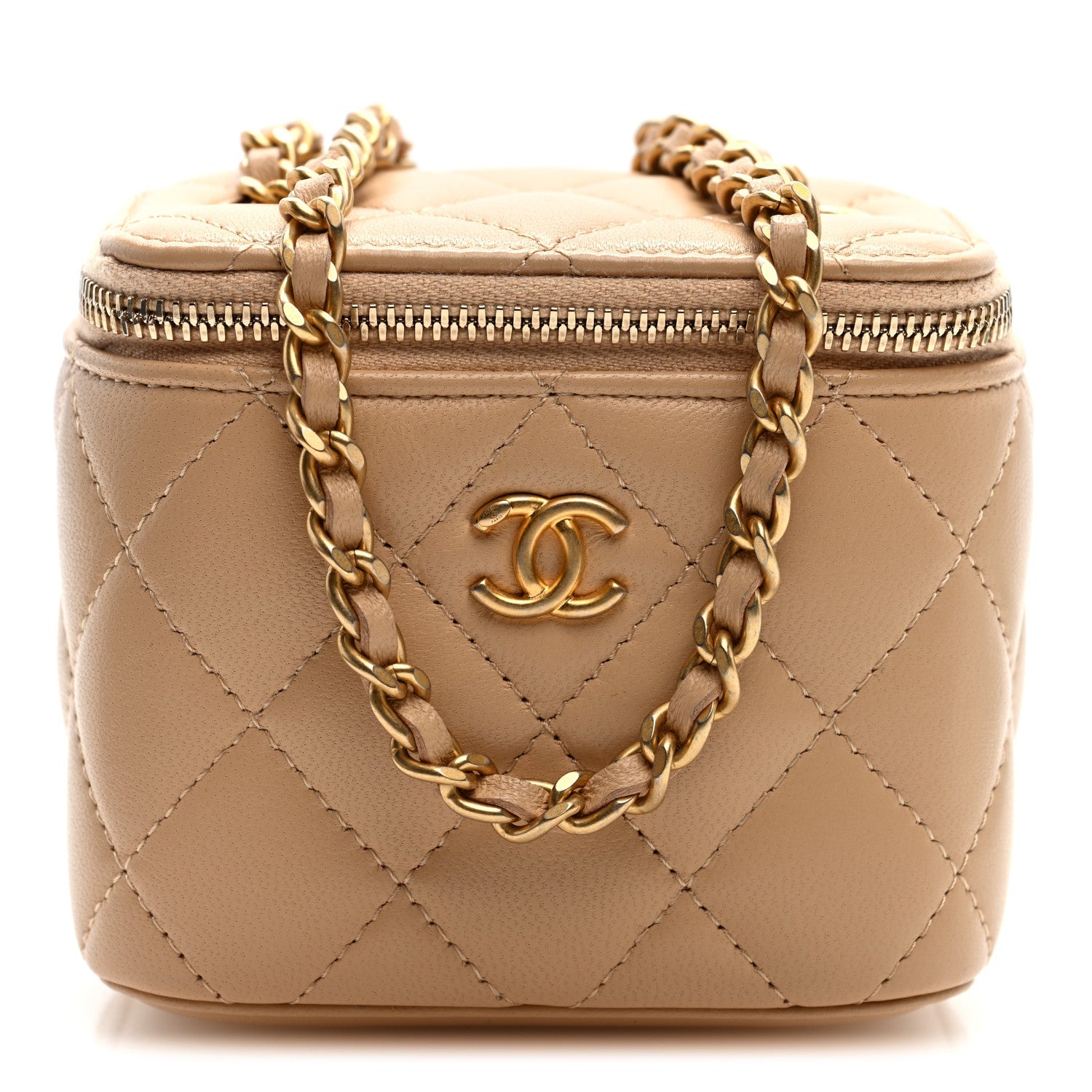 Lambskin Quilted Pearl Crush Mini Vanity Case With Chain Beige