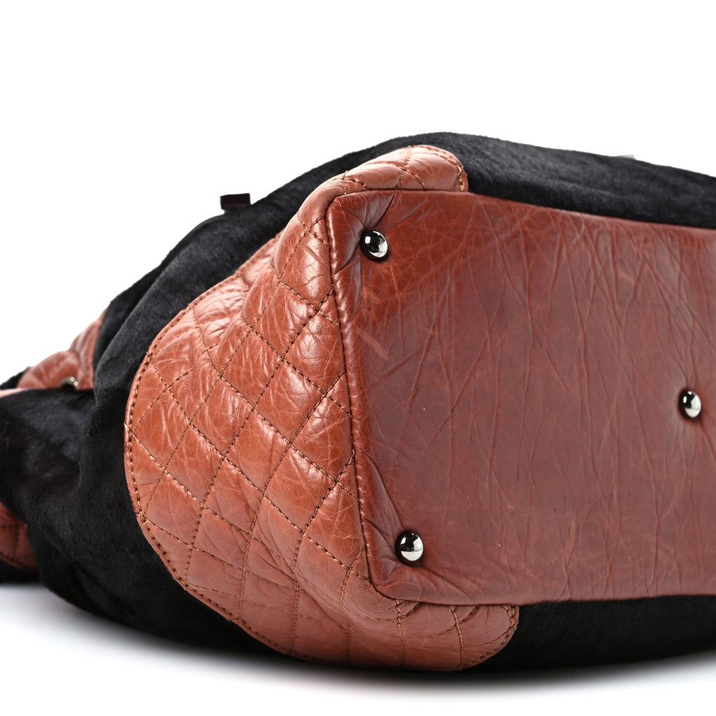 Aged Calfskin Pony Hair Quilted Miss Pony Drawstring Tote Brown
