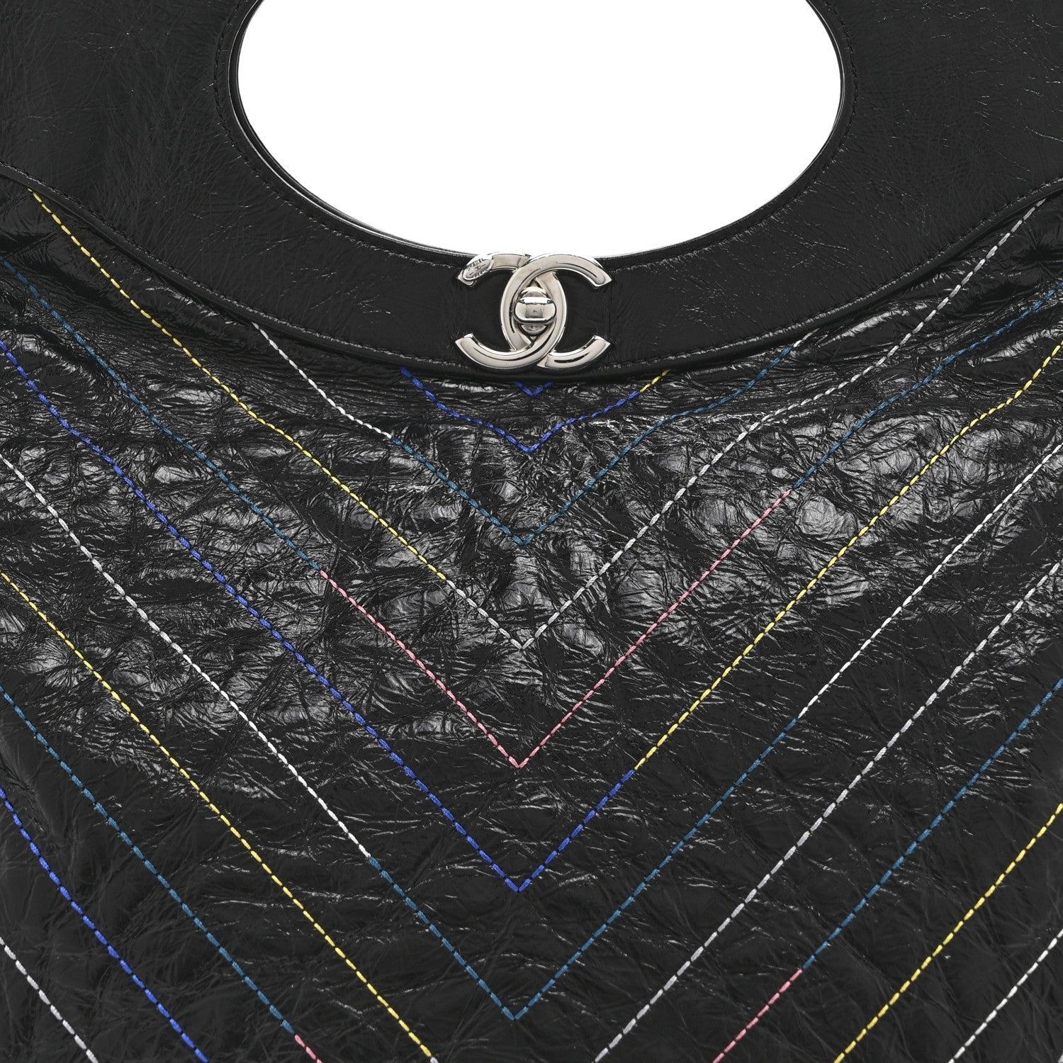 Glazed Calfskin Chevron Stitched Large 31 Shopping Bag Black Multicolor