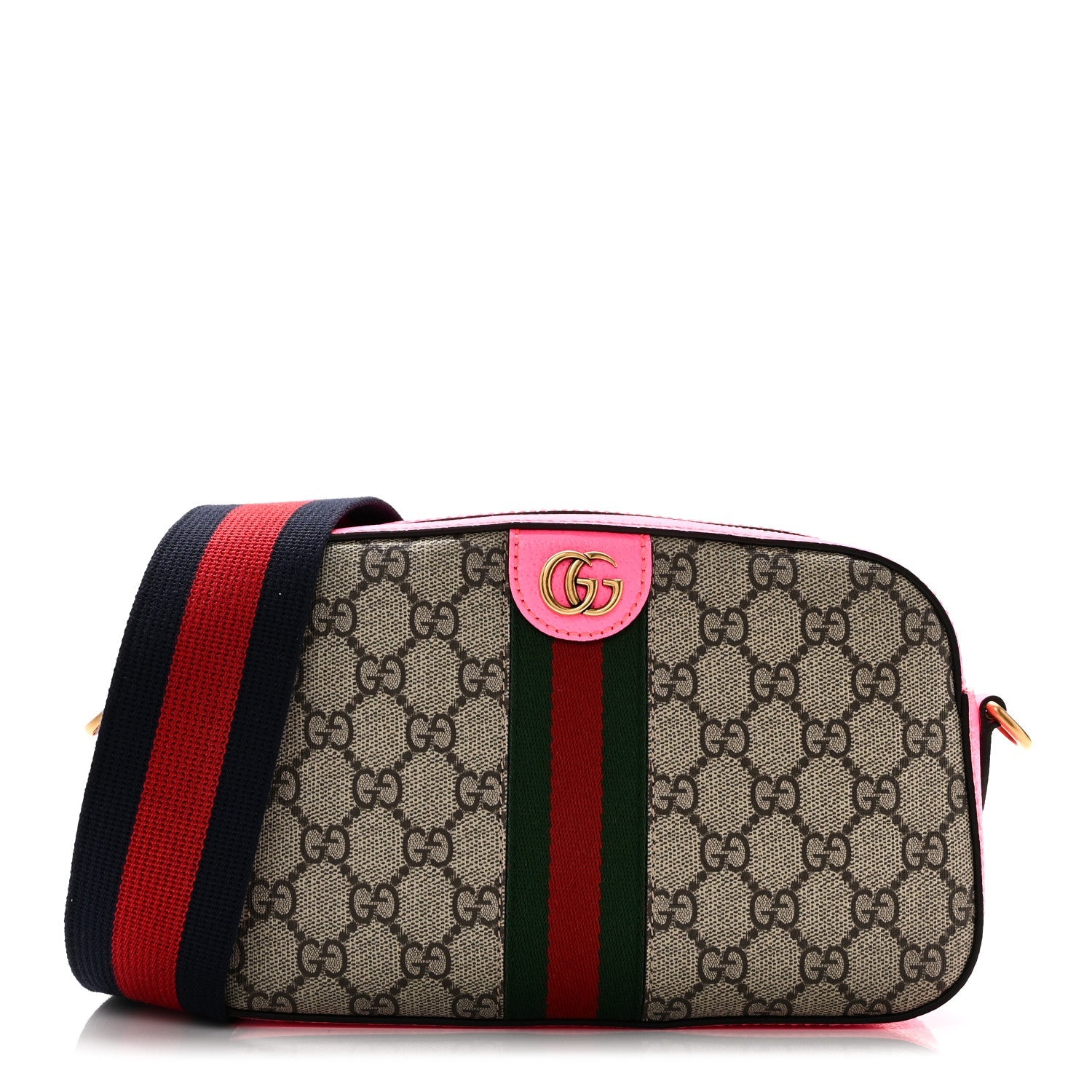GG Supreme Monogram Textured Dollar Calfskin Web Ophidia Small Crossbody Bag Beige Ebony Fuchsia