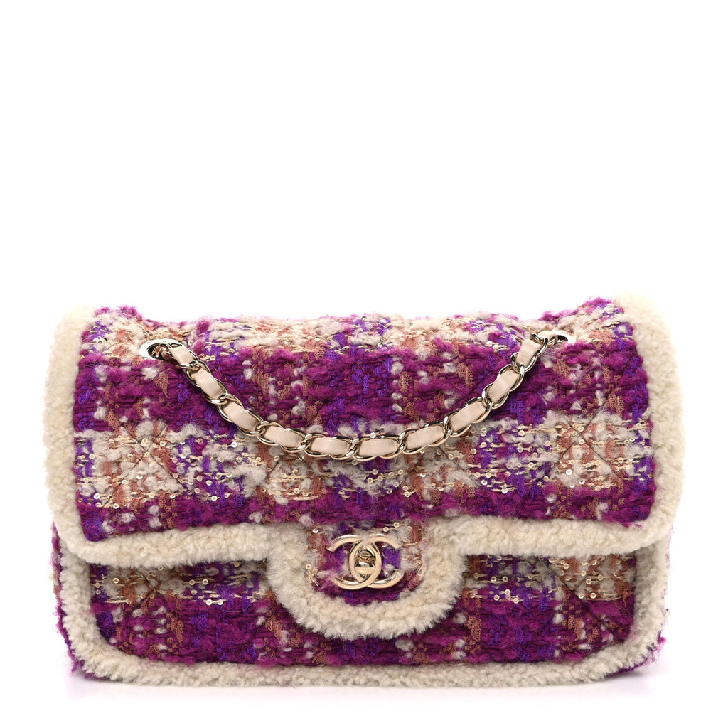 Tweed Shearling Large Flap Bag Purple Beige