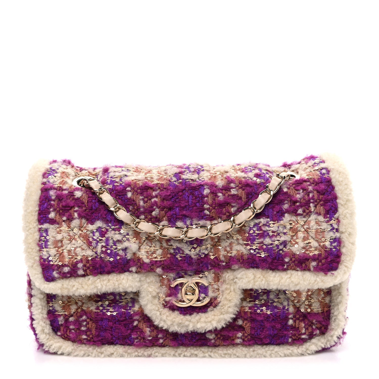 Tweed Shearling Large Flap Bag Purple Beige