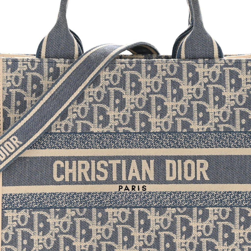 Oblique Chambray Calfskin Small Book Tote With Strap Blue Latte