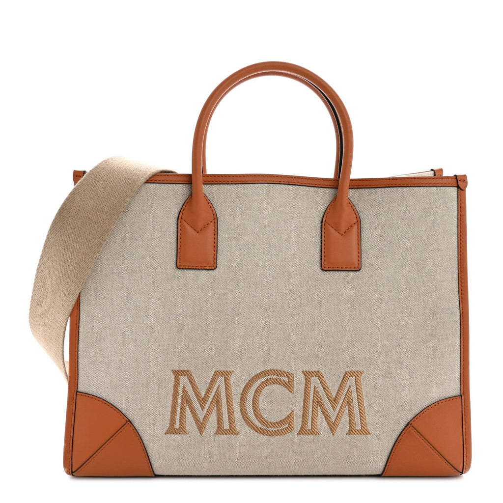 Calfskin Linen Large Munchen Tote Cognac