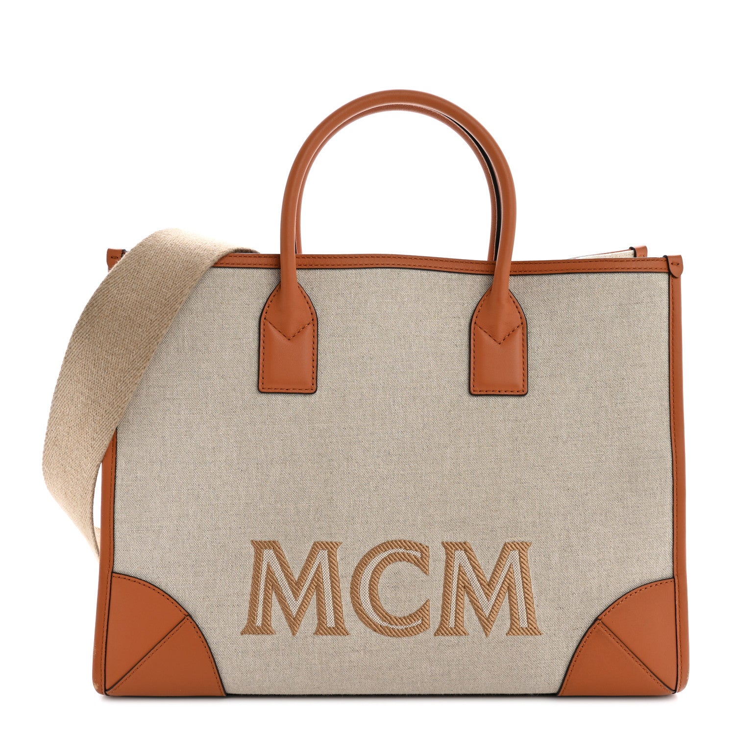 Calfskin Linen Large Munchen Tote Cognac