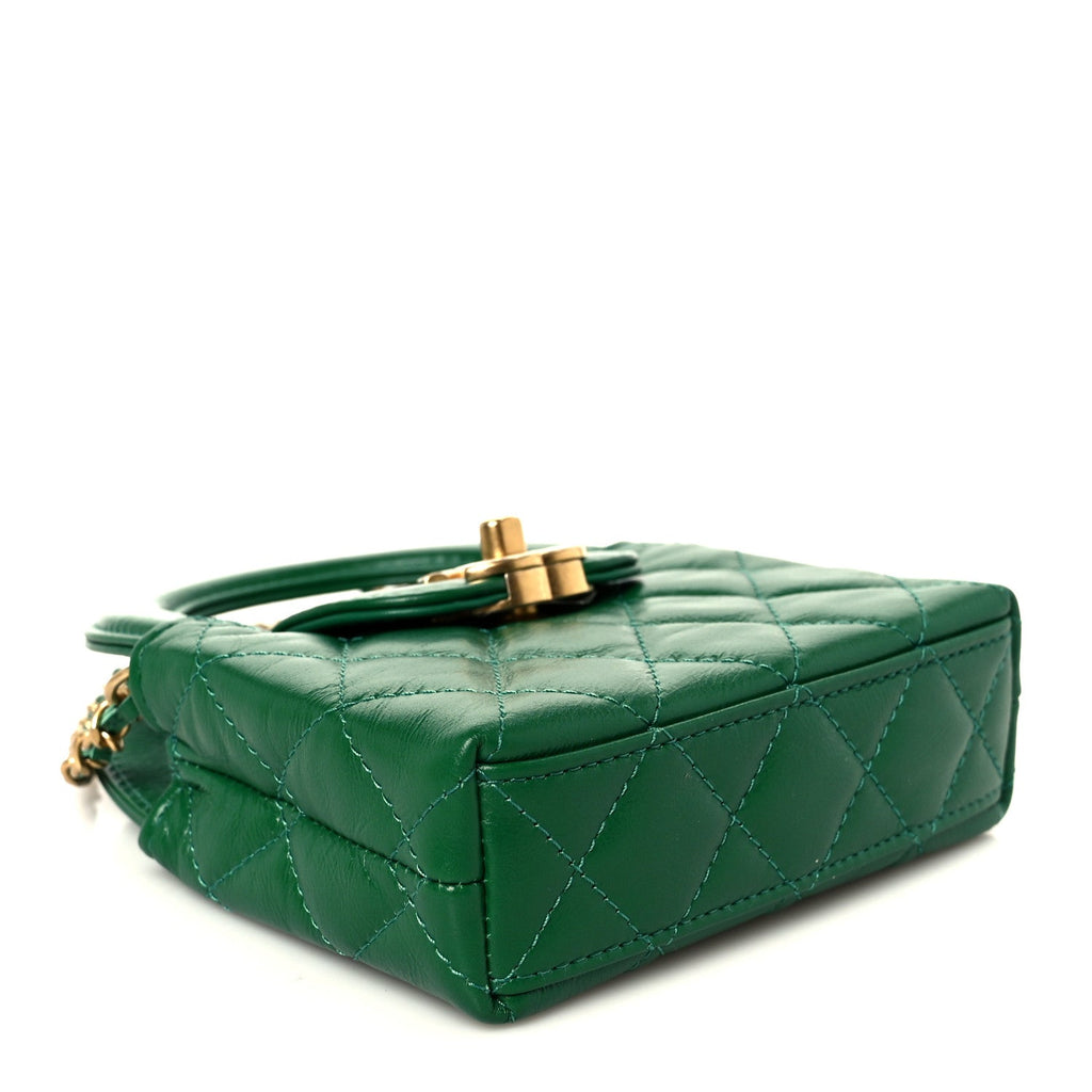 Shiny Aged Calfskin Quilted Mini Nano Kelly Shopper Green