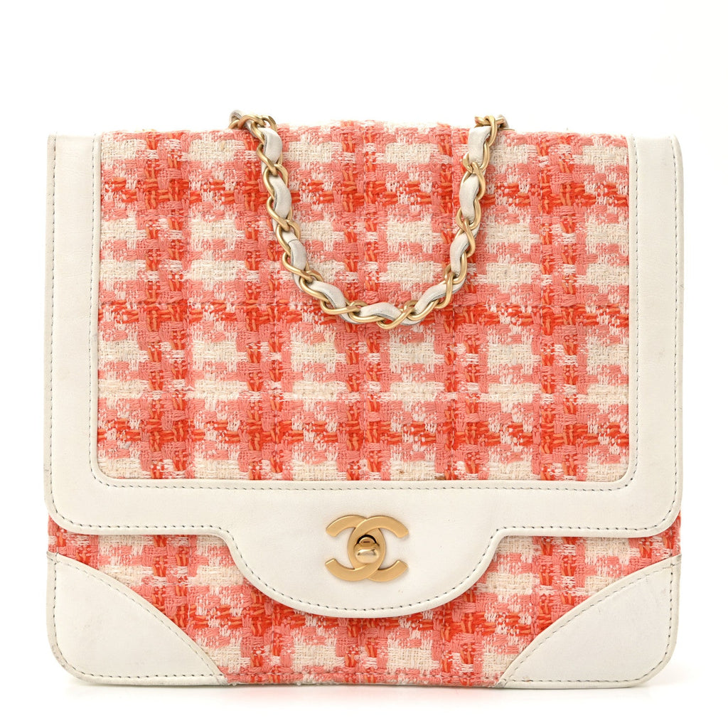 Tweed Calfskin Square Flap Bag Orange White