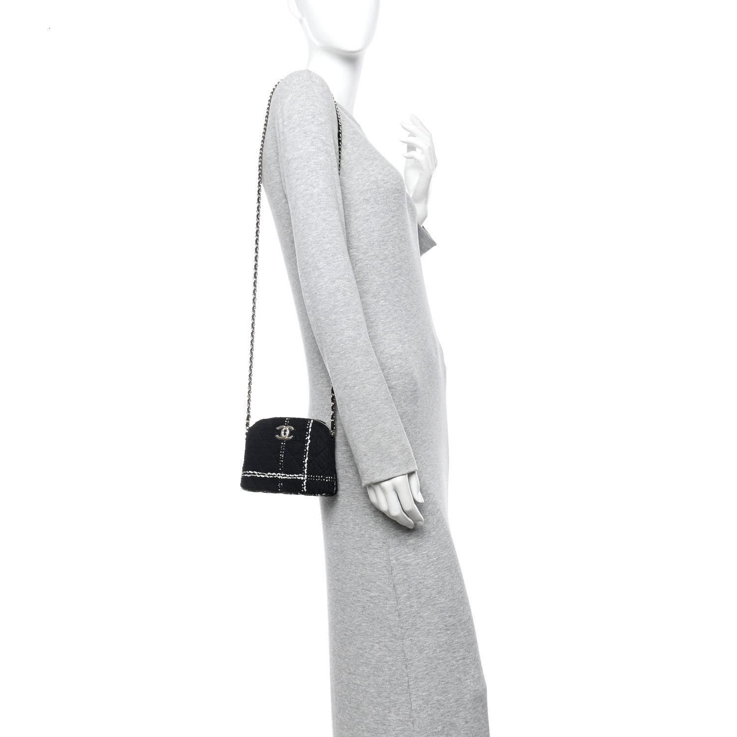 Tweed Quilted Mini Clutch With Chain Black White
