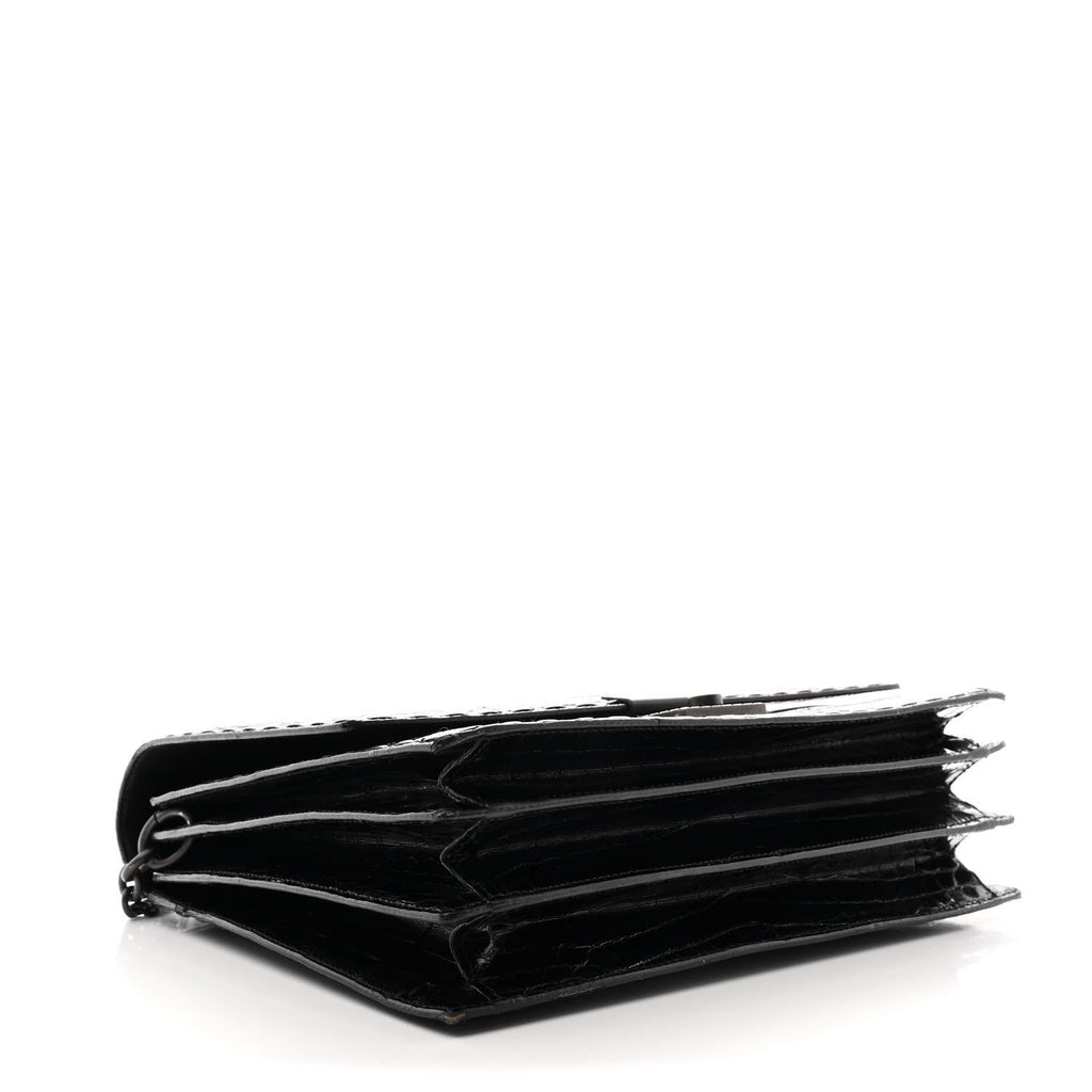 Crocodile Accordion Flap Shoulder Bag Black