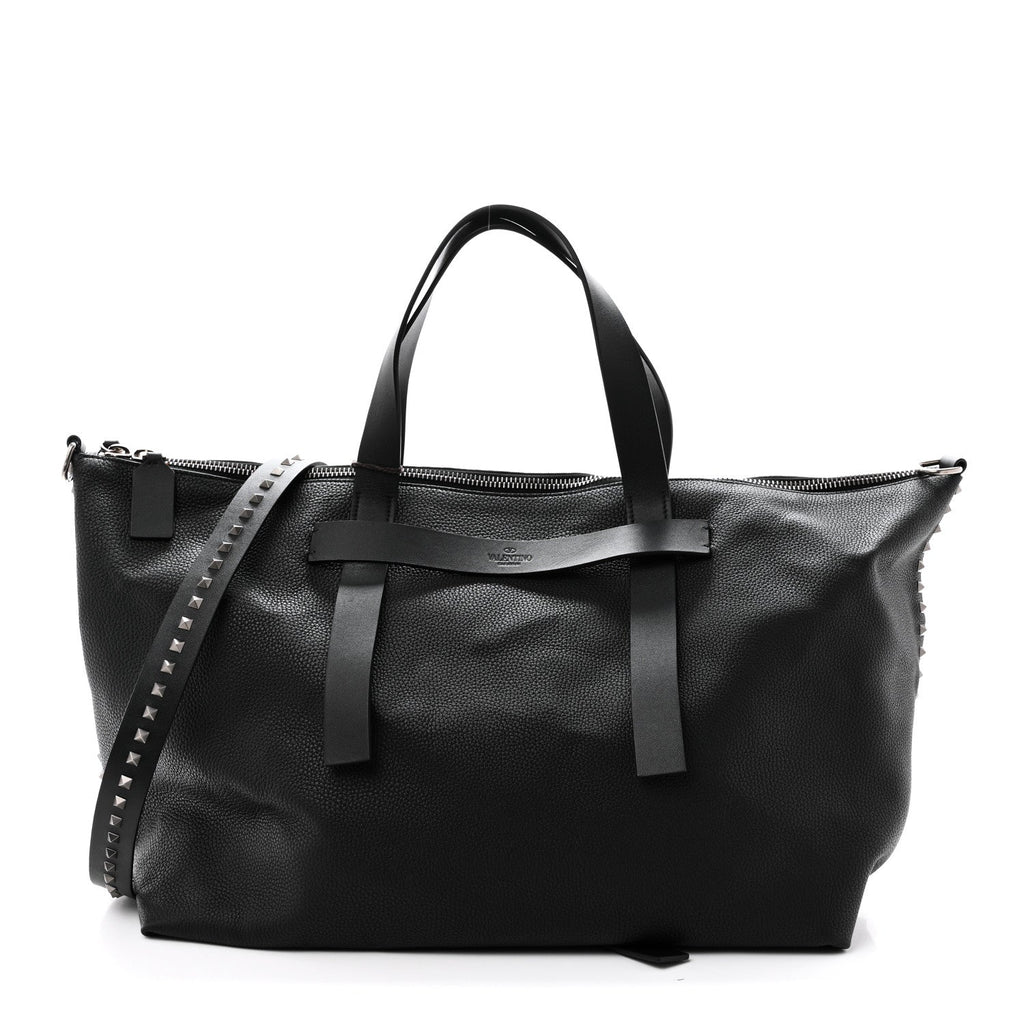 Grained Calfskin Rockstud Travel Tote Bag Black